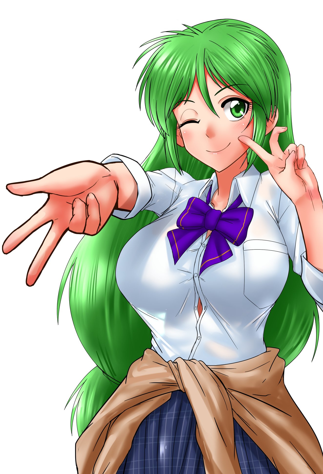 pochiiru (uowou), yae (ganbare goemon), ganbare goemon, highres, 1girl, alternate costume, blue skirt, breasts, closed mouth, green eyes, green hair, large breasts, long hair, looking at viewer, one eye closed, pleated skirt, school uniform, shirt, simple background, skirt, smile, solo, v, white background, white shirt