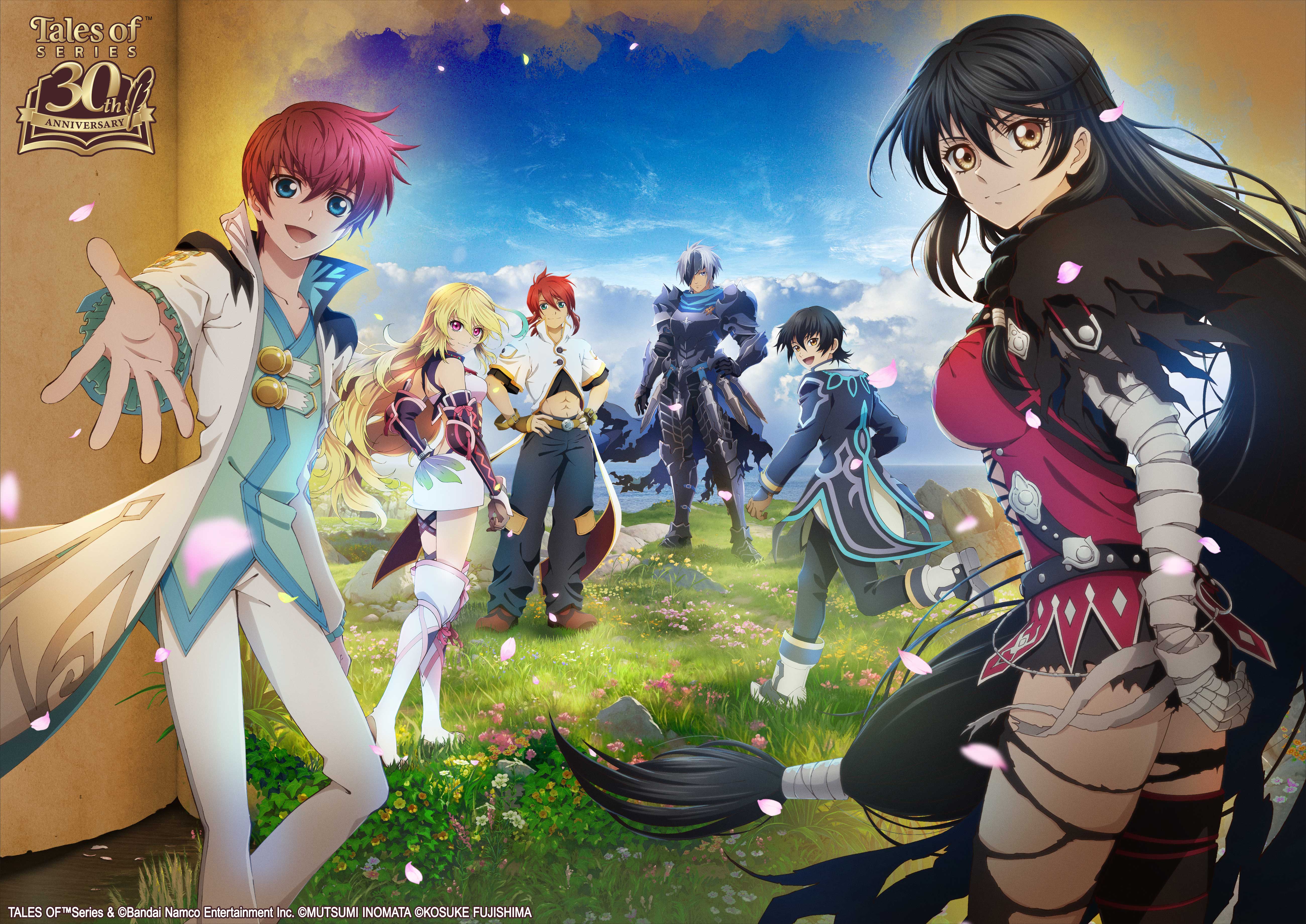 alphen (tales), asbel lhant, jude mathis, luke fon fabre, milla maxwell, velvet crowe, tales of (series), tales of arise, tales of berseria, tales of graces, tales of the abyss, tales of xillia, ufotable, absurdres, commentary, english commentary, highres, key visual, official art, promotional art, 2girls, 4boys, abs, anniversary, armor, bandaged arm, bandages, black hair, blonde hair, boots, broken mask, copyright notice, grass, grey hair, in-franchise crossover, jacket, long hair, low-tied long hair, mask, midriff, multiple boys, multiple girls, outstretched arm, petals, red hair, short shorts, shorts, standing, thigh boots