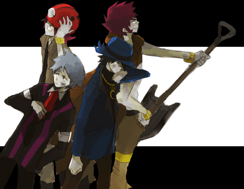 tsu da, byron (pokemon), riley (pokemon), roark (pokemon), steven stone, nintendo, pokemon, silver hair, bad id, bad pixiv id, 4boys, black hair, formal clothes, gym leader, male focus, multiple boys, purple hair, suit