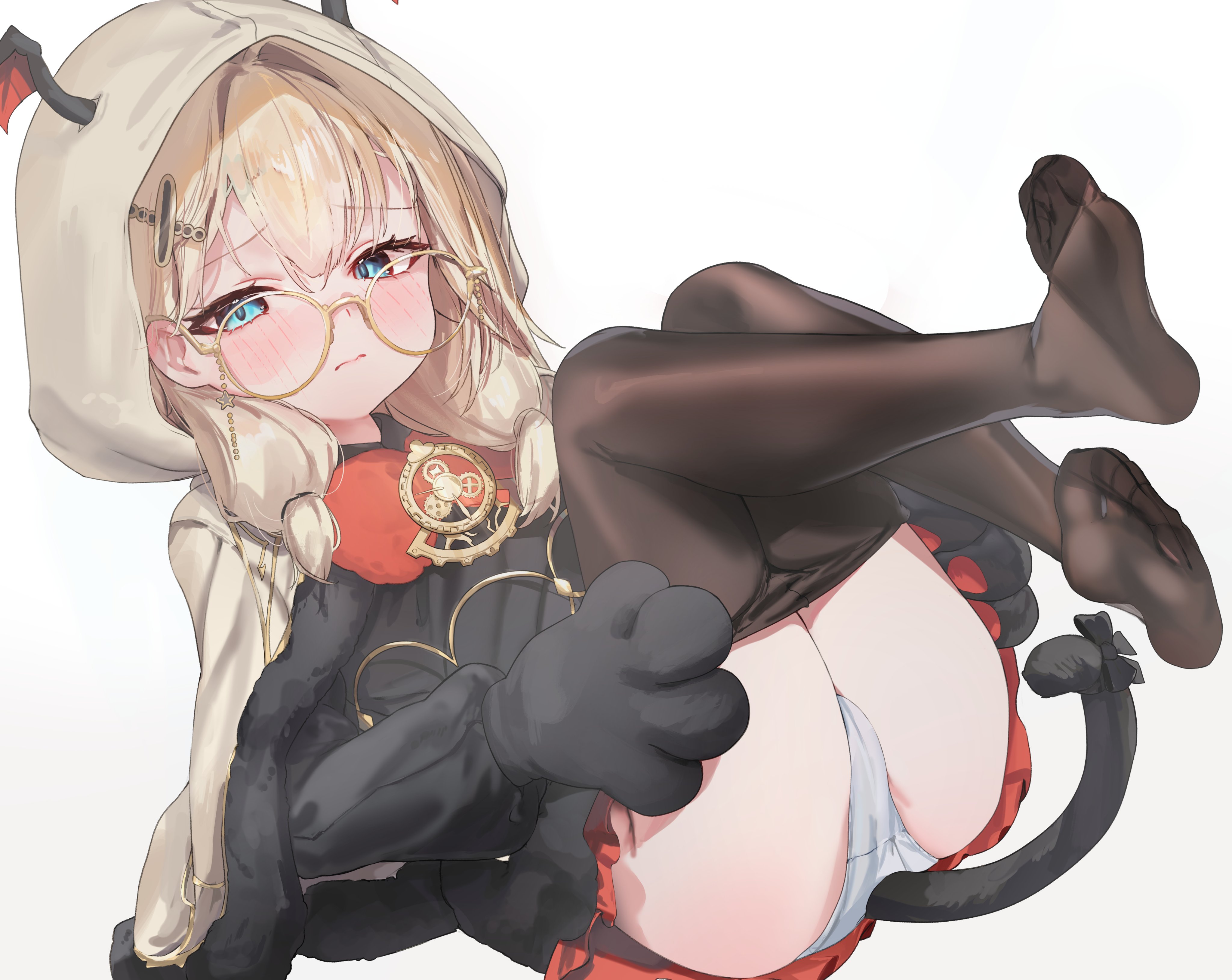 krabking, original, absurdres, bad perspective, commentary, commission, highres, second-party source, symbol-only commentary, 1girl, animal hands, ass, black gloves, black pantyhose, black tail, blonde hair, blue eyes, blush, capelet, cat tail, closed mouth, clothes pull, feet, full body, fur-trimmed capelet, fur trim, glasses, gloves, head wings, hood, hood up, hooded capelet, long hair, long sleeves, looking at viewer, lying, no shoes, on back, panties, pantyhose, pantyhose pull, paw gloves, red skirt, round eyewear, simple background, skirt, solo, tail, underwear, wavy mouth, white background, white capelet, white panties, wings, yellow-framed eyewear