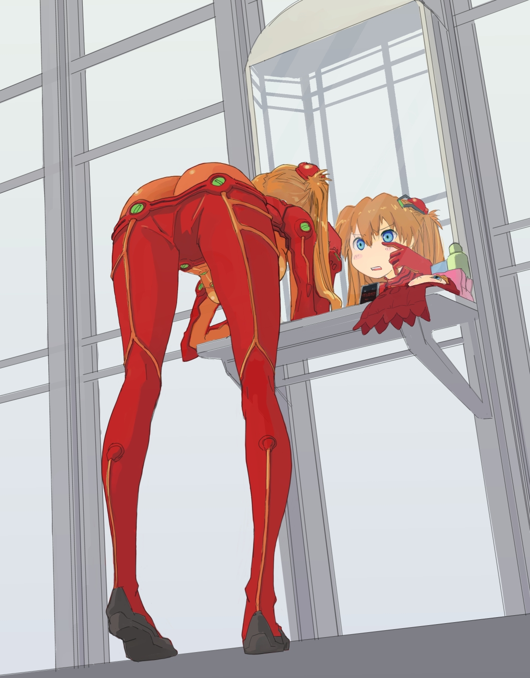 pinzu, souryuu asuka langley, evangelion: 2.0 you can (not) advance, neon genesis evangelion, rebuild of evangelion, highres, 00s, 1girl, ass, bent over, blue eyes, bodysuit, brown hair, butt crack, doll, female focus, from behind, full body, huge ass, legs, long hair, long legs, mecha pilot suit, mirror, orange hair, plugsuit (evangelion), reflection, see-through bodysuit, see-through clothes, skin tight, solo, standing, test plugsuit (evangelion), tiptoes, twintails, wide hips