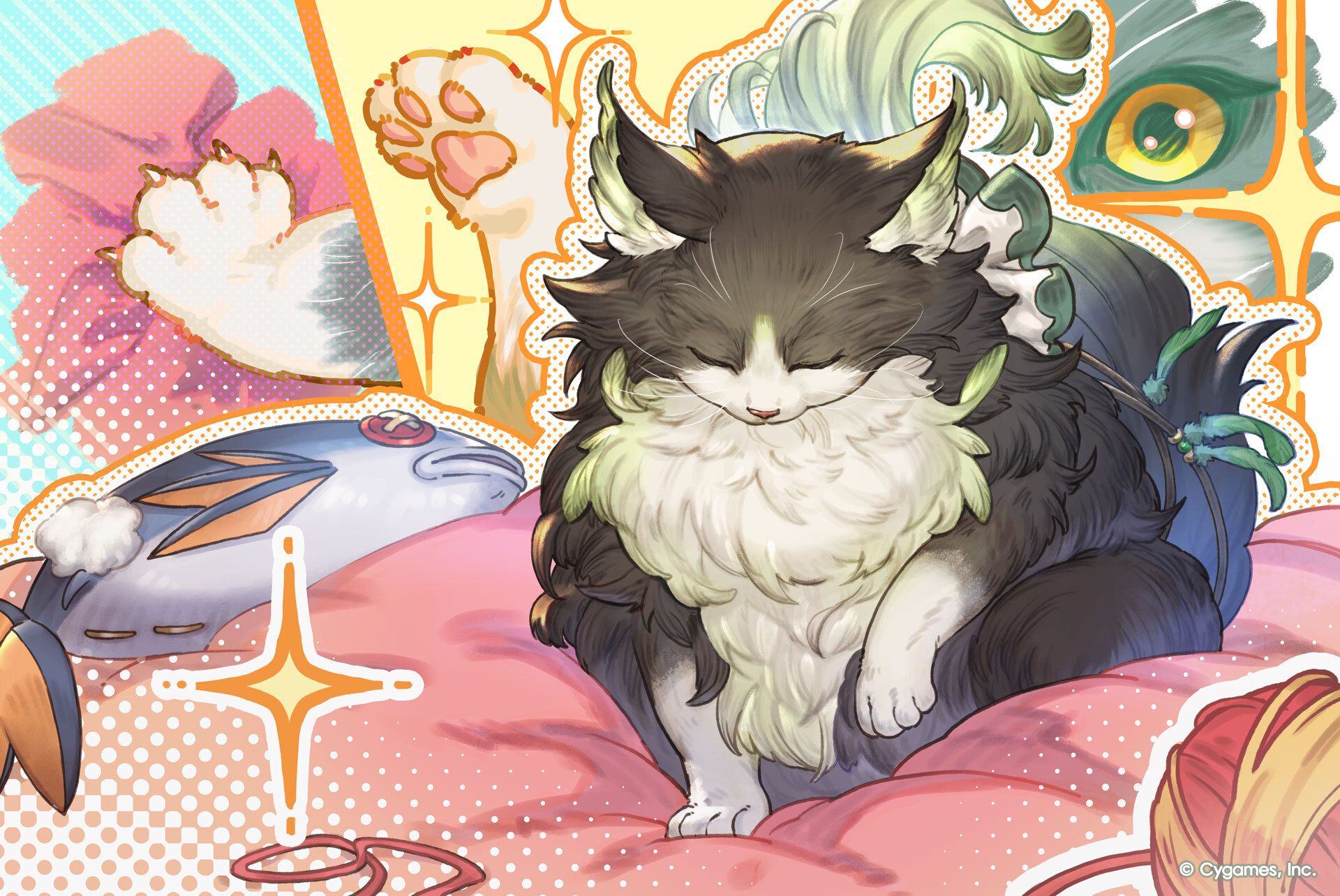 ewiyar (granblue fantasy), granblue fantasy, commentary request, highres, official art, 1girl, animal ears, cat, cat ears, cat tail, claws, closed eyes, doll, fish, kneading (behavior), no humans, pillow, solo, tail, whiskers, yarn, yarn ball, yellow eyes
