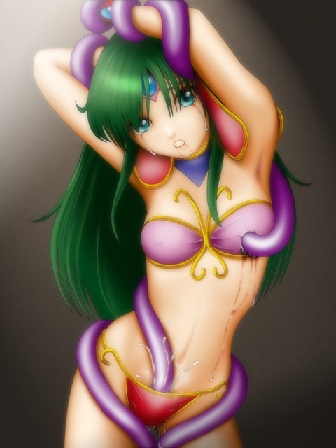 ayanokouji rem, dream hunter rem, armor, blue eyes, green hair, long hair, prison, tentacles, tentacles under clothes