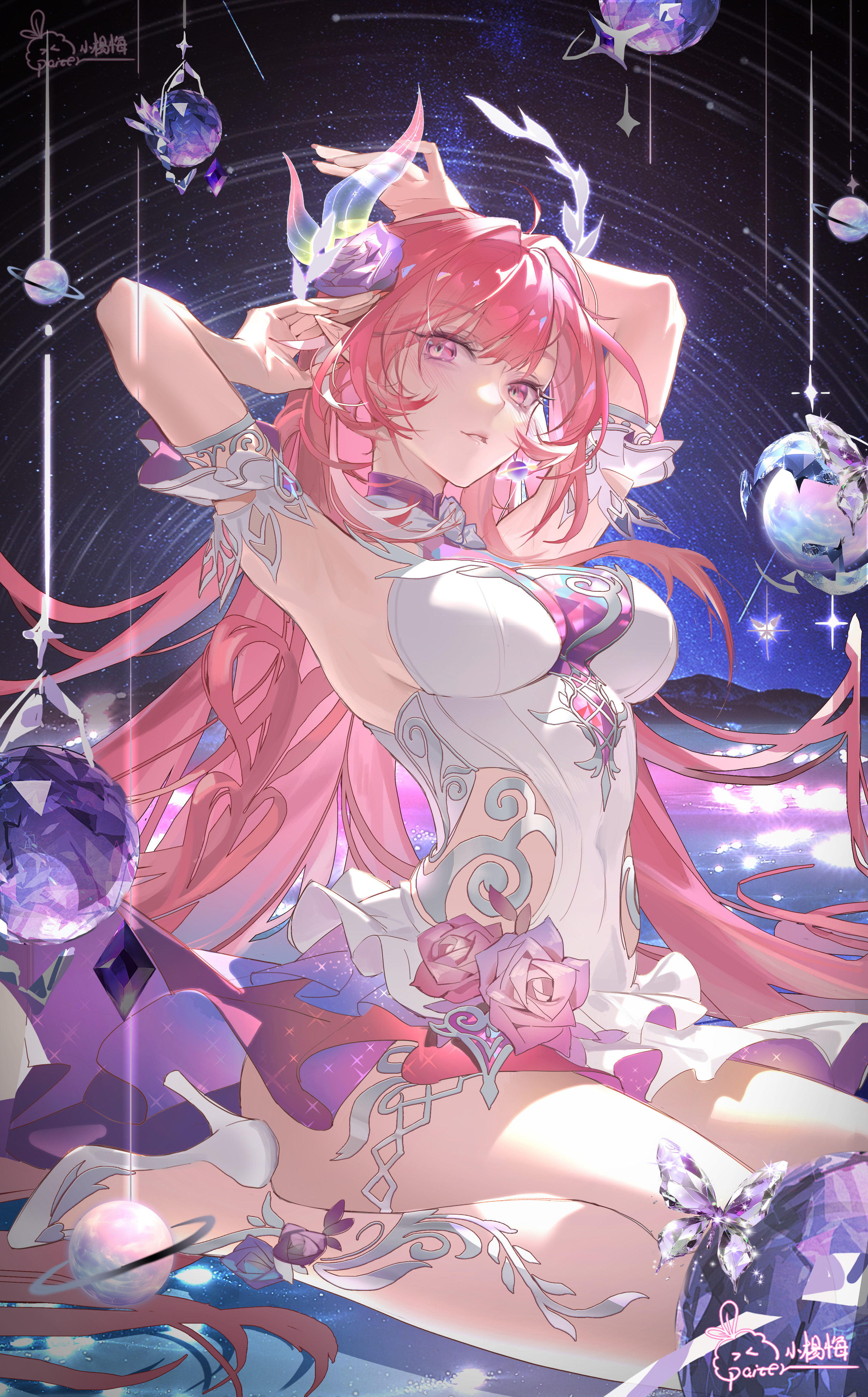 cyrene (honkai: star rail), cyrene (ripples of past reverie) (honkai: star rail), honkai: star rail, honkai (series), absurdres, highres, 1girl, armpits, bare shoulders, breasts, dark elf, diamond-shaped pupils, diamond (shape), dress, elf, flower, hair flower, hair ornament, high heels, large breasts, long hair, parted lips, pink hair, pointy ears, purple eyes, sitting, sky, solo, star (sky), starry sky, symbol-shaped pupils, thighs, very long hair, wariza, white dress, xiaoyangmei