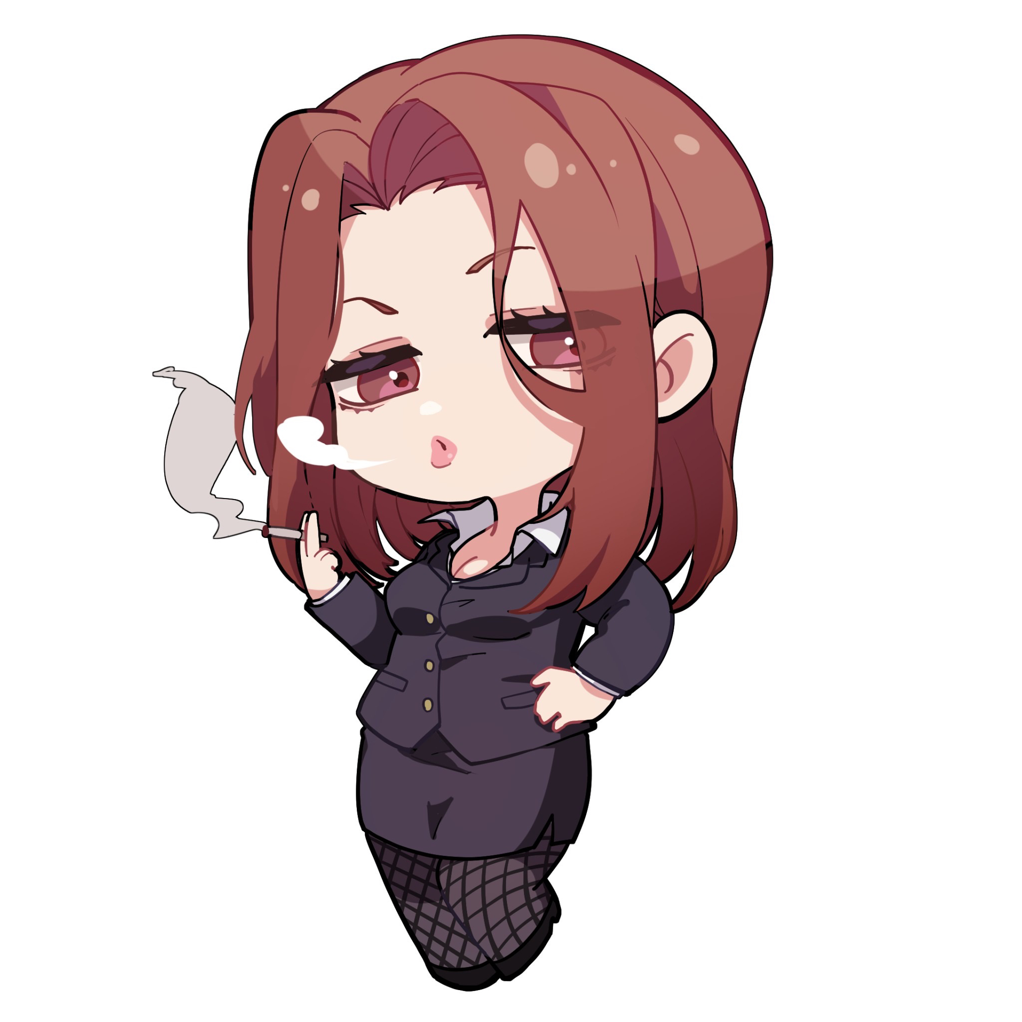 nekoma hikaru, soryuin shion, kengan (series), kengan ashura, commentary request, highres, 1girl, black jacket, black skirt, blowing smoke, breasts, brown eyes, brown hair, chibi, chibi only, cigarette, cleavage, eyelashes, fishnet pantyhose, fishnets, full body, hand on own hip, holding, holding cigarette, jacket, long hair, long sleeves, office lady, pantyhose, pencil skirt, simple background, skirt, smoke, smoking, solo, white background