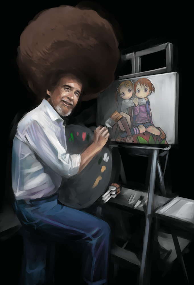 honzawa yuuichirou, bob ross, itou chika, matsuoka miu, ichigo mashimaro, real life, the joy of painting, painttool sai (medium), 1boy, afro, art brush, big hair, child, easel, food, fruit, huge afro, male focus, paint palette, paintbrush, painting (object), parody, real life insert, solo, strawberry