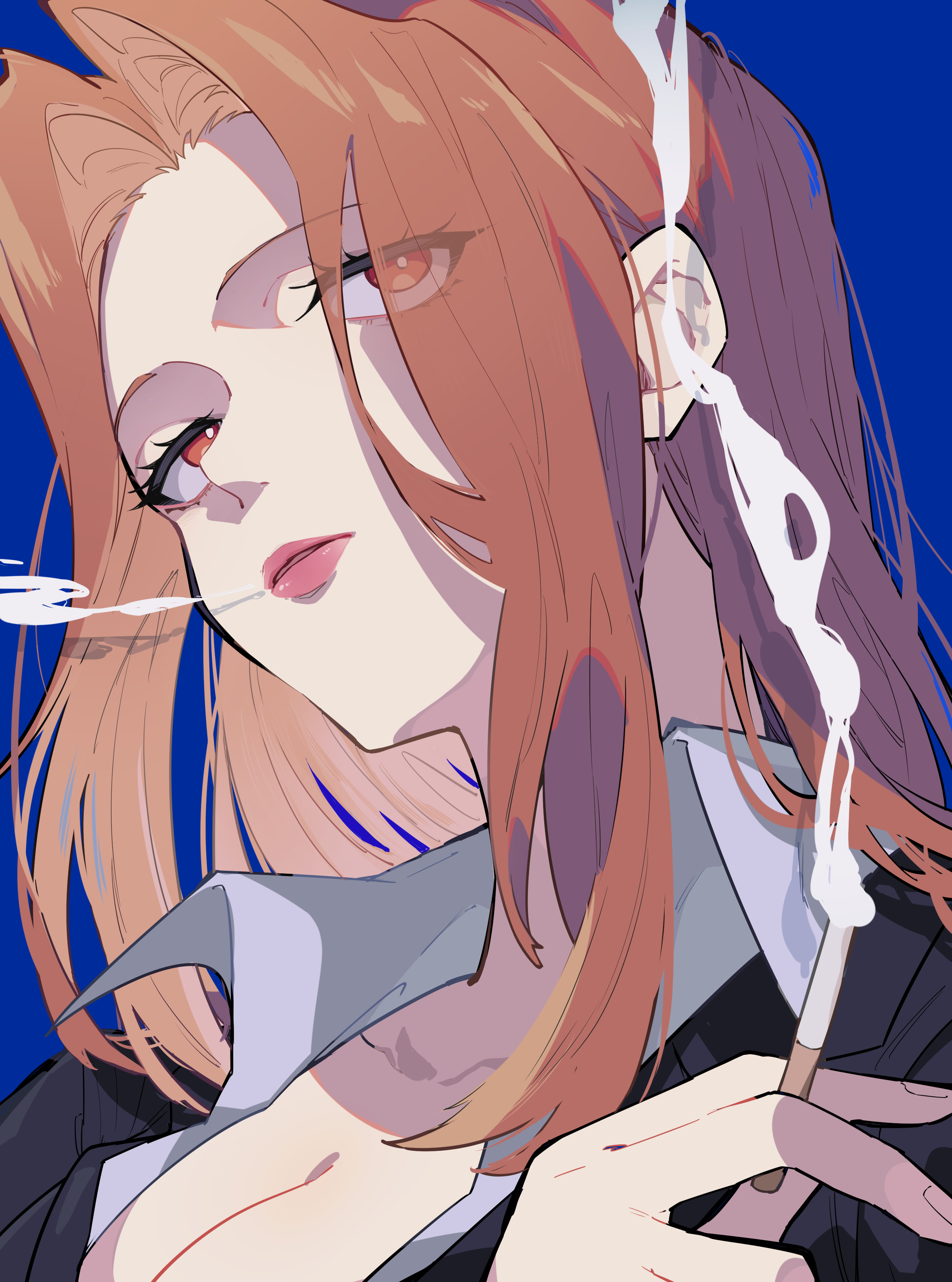 nekoma hikaru, soryuin shion, kengan (series), kengan ashura, absurdres, commentary request, highres, 1girl, blue background, breasts, brown eyes, brown hair, cigarette, cleavage, eyelashes, lipstick, long hair, looking at viewer, makeup, parted lips, portrait, simple background, smoke, smoke trail, smoking, solo, upper body