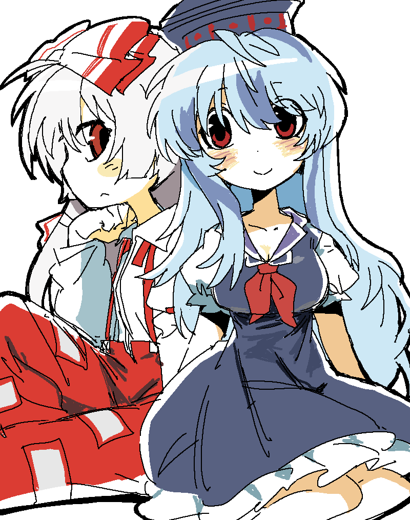 kokum0tsu, fujiwara no mokou, kamishirasawa keine, touhou, commentary, english commentary, 2girls, bare arms, bare legs, blue dress, blue hair, blue hat, blush stickers, bow, breasts, buttons, cleavage, closed mouth, collarbone, collared dress, collared shirt, cowboy shot, dot nose, dress, eyes visible through hair, flat chest, frilled dress, frilled sleeves, frills, frown, hair between eyes, hair bow, hand on own chin, hat, high-waist pants, knee up, lapels, large bow, long hair, long sleeves, looking at another, looking at viewer, loose hair strand, medium breasts, medium dress, multiple girls, neckerchief, notched lapels, ofuda, ofuda on clothes, pants, pinafore dress, pleated dress, puffy long sleeves, puffy short sleeves, puffy sleeves, red bow, red eyes, red garter, red neckerchief, red pants, shirt, short sleeves, sidelocks, simple background, sitting, sleeve garter, sleeveless, sleeveless dress, smile, suspenders, tareme, two-tone bow, very long hair, white background, white bow, white hair, white shirt, yokozuwari