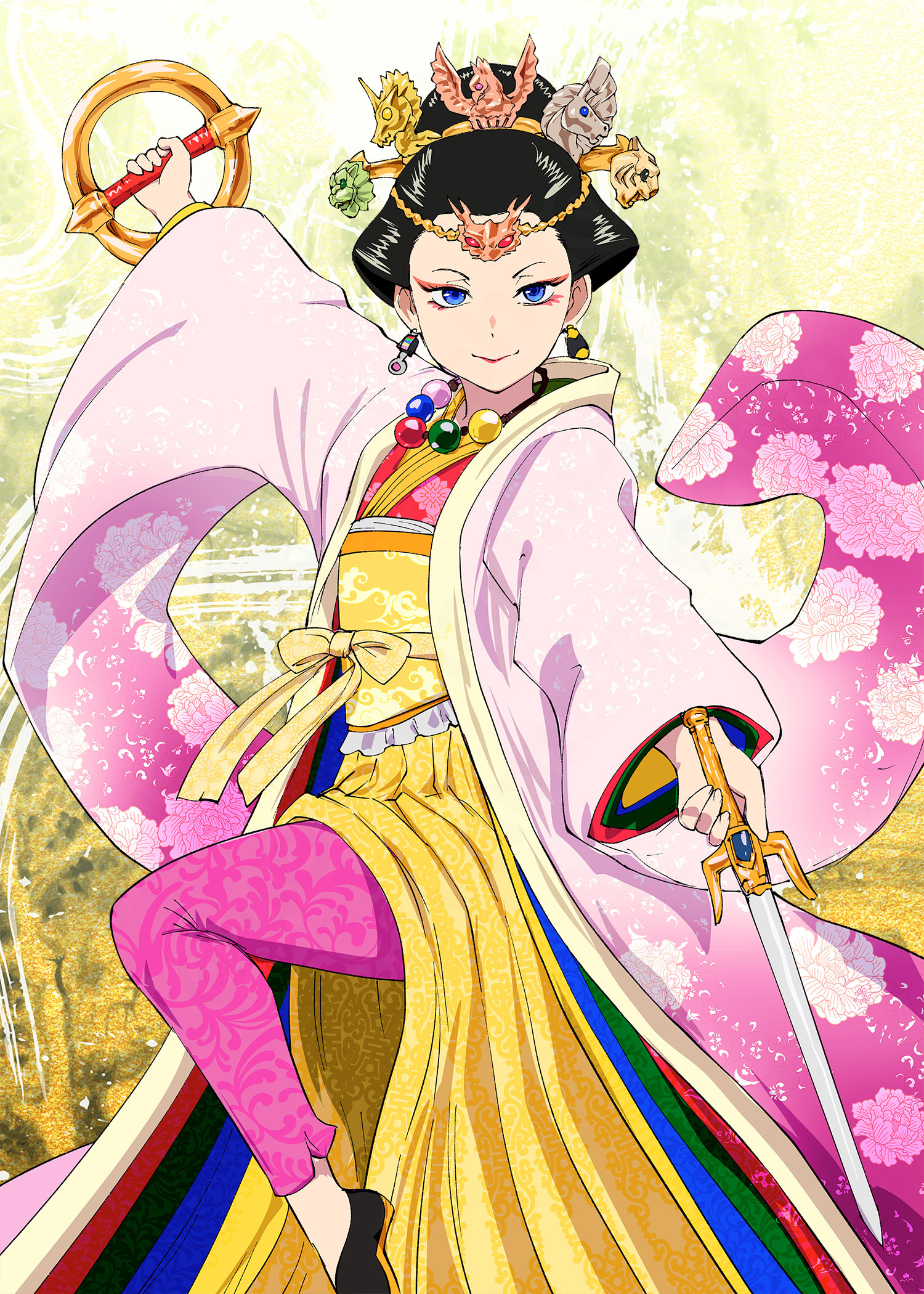 ueyama michirou, gosei sentai dairanger, super sentai, commentary request, highres, 1girl, bead necklace, beads, black hair, black shoes, blue eyes, chakram, chinese clothes, closed mouth, crown, earrings, eyeliner, hair bun, hanfu, holding, holding sword, holding weapon, jewelry, jiaoling ruqun, lipstick, looking at viewer, makeup, necklace, pants, personification, pink pants, red eyeliner, red lips, shoes, single hair bun, smile, solo, standing, standing on one leg, sword, weapon