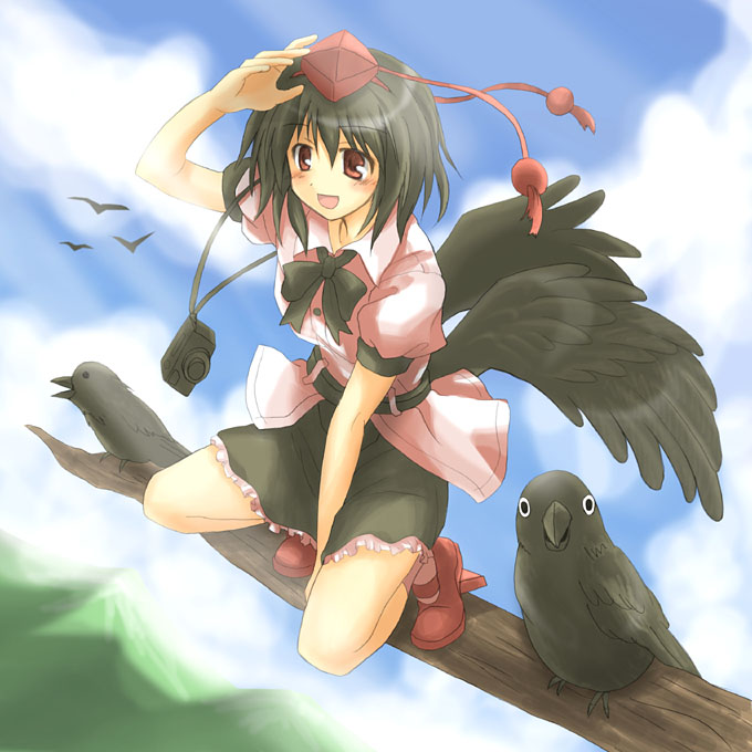 hino ryuu, hinoryu, shameimaru aya, touhou, looking away, bad id, bad pixiv id, 1girl, bird, black hair, black wings, blush, camera, crow, female focus, geta, hat, in tree, looking at viewer, open mouth, red eyes, short hair, sitting, smile, solo, tengu-geta, tokin hat, tree, wings
