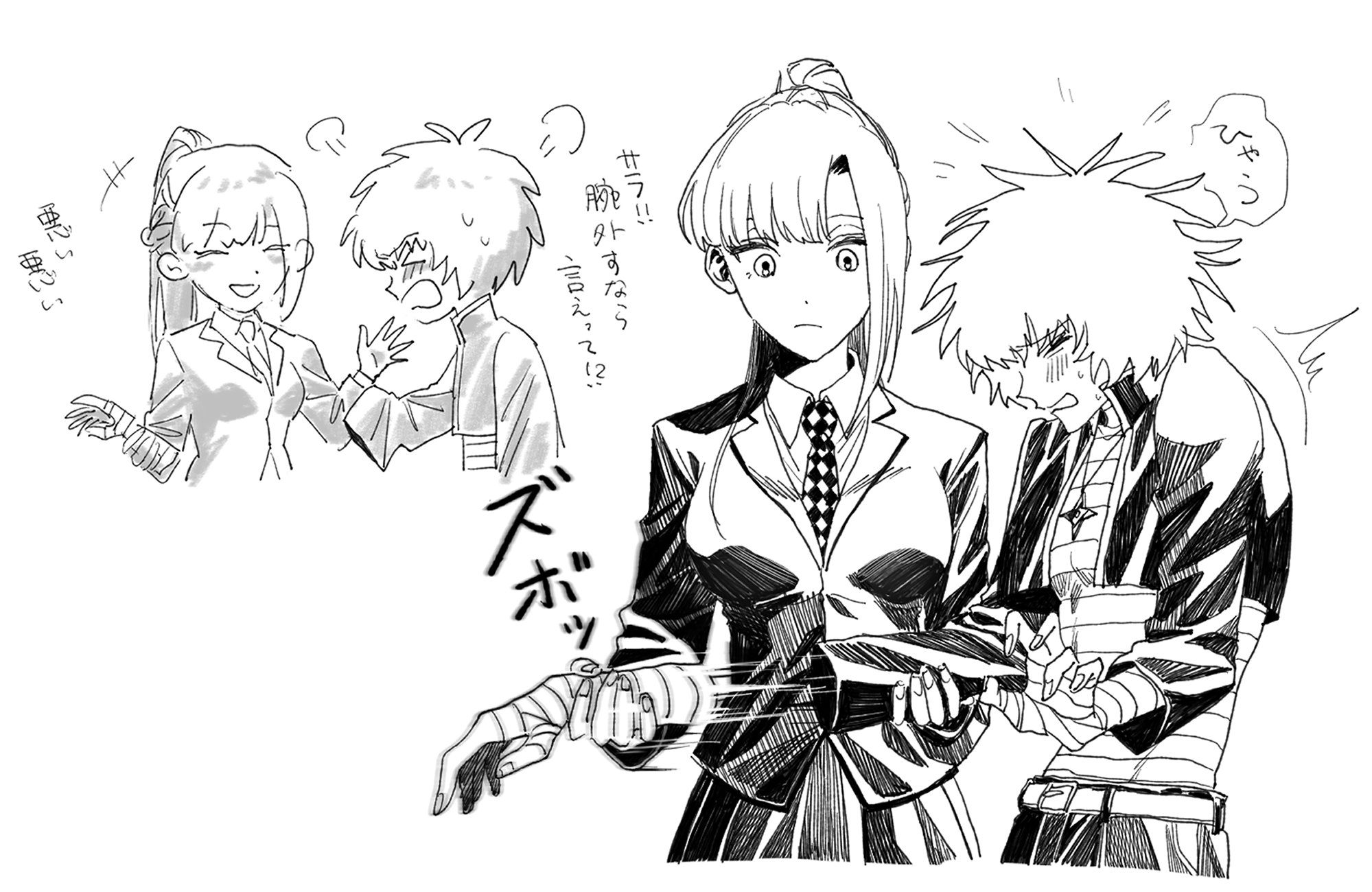 chidouin sara, kageyama ranmaru, kimi ga shine, fluffy hair, commentary request, highres, translation request, > <, +++, 1boy, 1girl, ^^^, android, bandaged chest, bandaged hand, bandaged torso, bandages, belt, blazer, blush, braid, buckle, checkered necktie, closed eyes, collared shirt, cropped jacket, embarrassed, expressionless, gakuran, high ponytail, jacket, lapels, light frown, long hair, mechanical arms, monochrome, necktie, notched lapels, open clothes, open jacket, open mouth, pants, pleated skirt, ponytail, puff of air, rinrinririn187, school uniform, shirt, short hair, shuriken, shuriken necklace, side part, single sidelock, sketch, skirt, smile, surprised, upper body, weapon