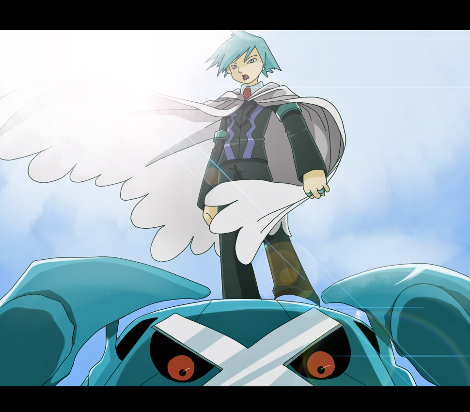yamamoto satoshi, metagross, steven stone, nintendo, pokemon, pokemon adventures, pokemon rse, pokemon special anime, silver hair, bad id, bad pixiv id, 00s, 1boy, armlet, cape, day, formal clothes, gen 3 pokemon, grey eyes, jewelry, lens flare, letterboxed, male focus, necktie, open mouth, pokemon (creature), ring, sky