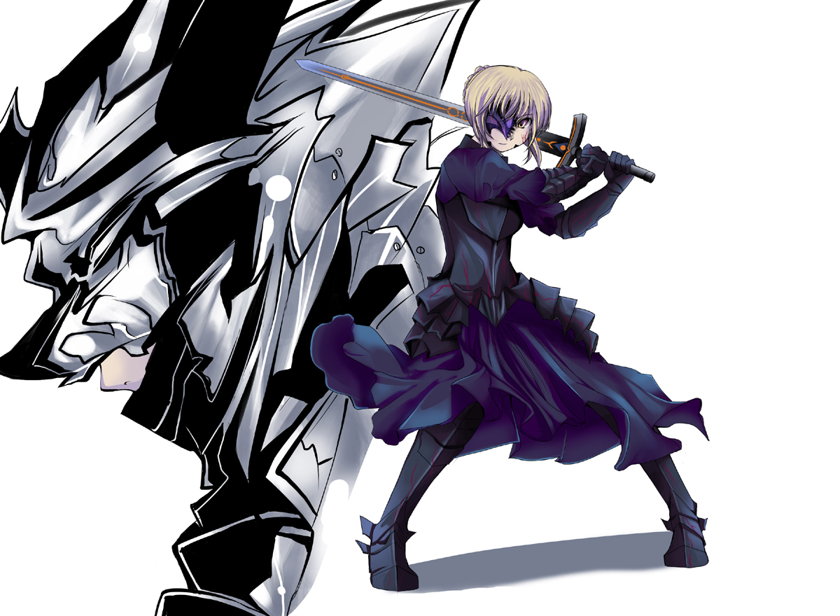 riochan, artoria pendragon (fate), saber (fate), saber alter, saber alter (first ascension), fate/stay night, fate (series), 00s, 1girl, armor, armored dress, blonde hair, dress, excalibur morgan (fate), greaves, sword, weapon, yellow eyes