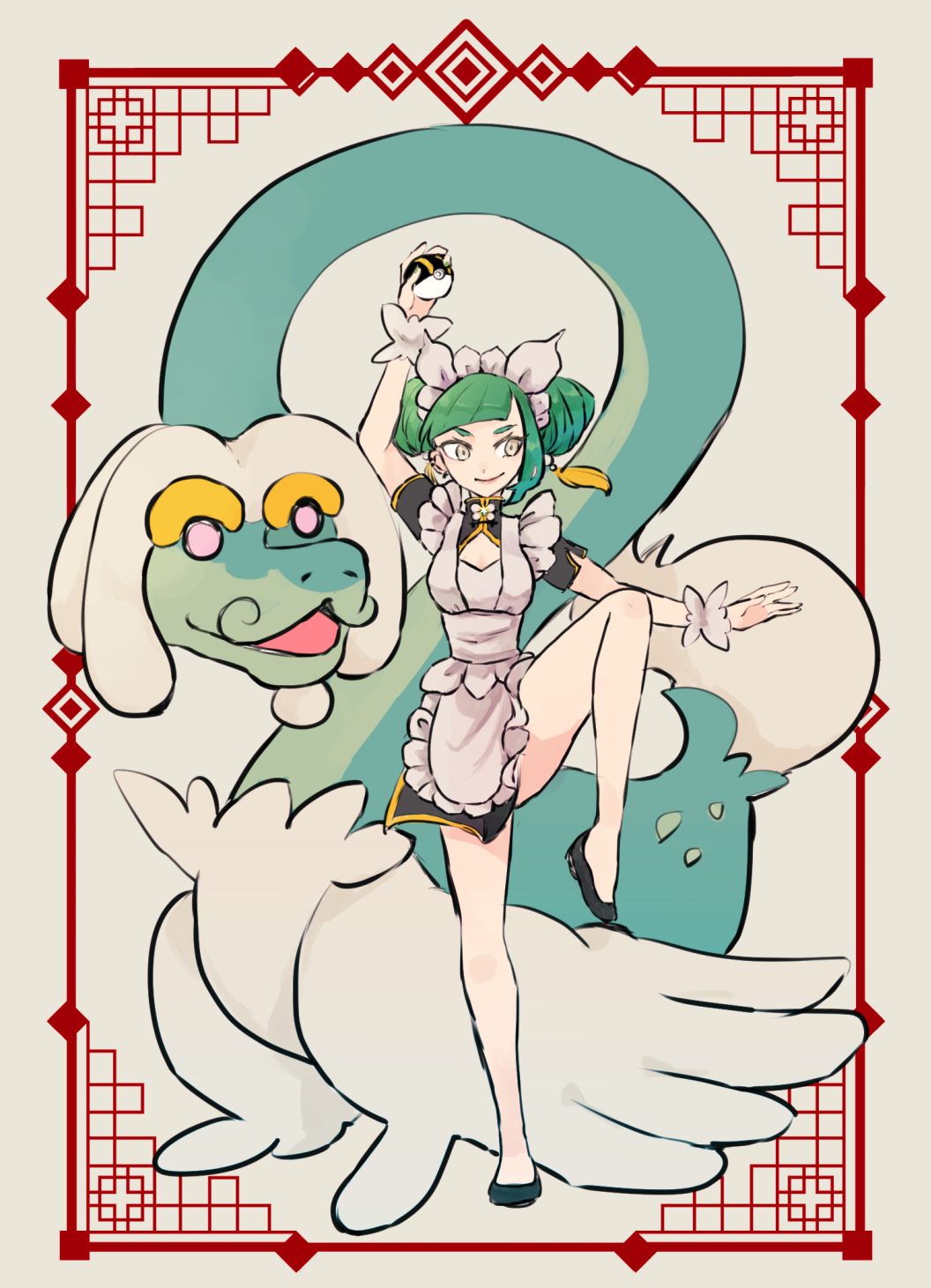 drampa, lebanne (pokemon), nintendo, pokemon, pokemon legends: z-a, 1girl, adapted costume, alternate hairstyle, apron, arm up, breasts, chinese clothes, cleavage cutout, clothing cutout, double bun, dragon, facing viewer, frilled apron, frills, full body, gen 7 pokemon, green hair, hair bun, kayukawa fe, leg lift, looking to the side, maid headdress, meandros, medium breasts, poke ball, smile, solo, ultra ball, white background, wrist cuffs