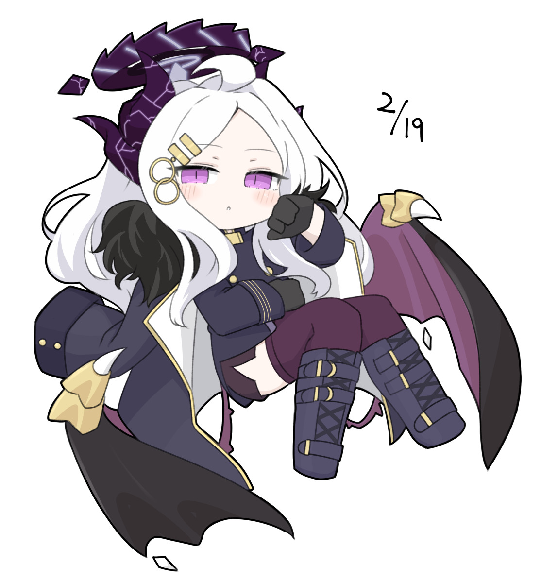 miranofuudoria, hina (blue archive), blue archive, commentary request, highres, 1girl, :o, ahoge, black boots, black gloves, black jacket, blush stickers, boots, chibi, dated, forehead, full body, fur-trimmed jacket, fur trim, gloves, hair ornament, hairclip, halo, horns, jacket, jacket on shoulders, knees together feet apart, lace-up boots, long hair, looking at viewer, parted bangs, parted lips, purple eyes, purple skirt, purple thighhighs, purple wings, simple background, skirt, solo, thighhighs, thighhighs under boots, very long hair, white background, white hair, wings