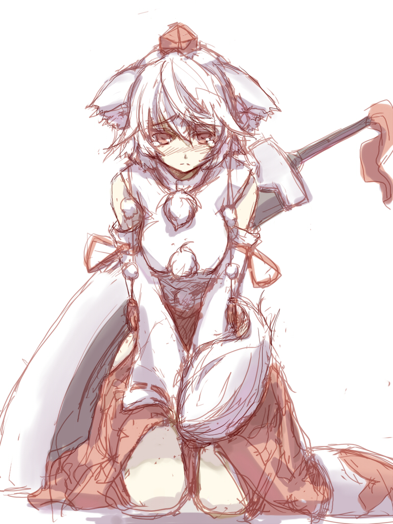 kuronuko neero, inubashiri momiji, touhou, silver hair, 1girl, animal ears, bare shoulders, between thighs, blush, detached sleeves, female focus, hat, kneeling, red eyes, shield, short hair, simple background, sketch, solo, sword, tail, tears, thighs, tokin hat, v arms, weapon, white background, wolf ears, wolf tail