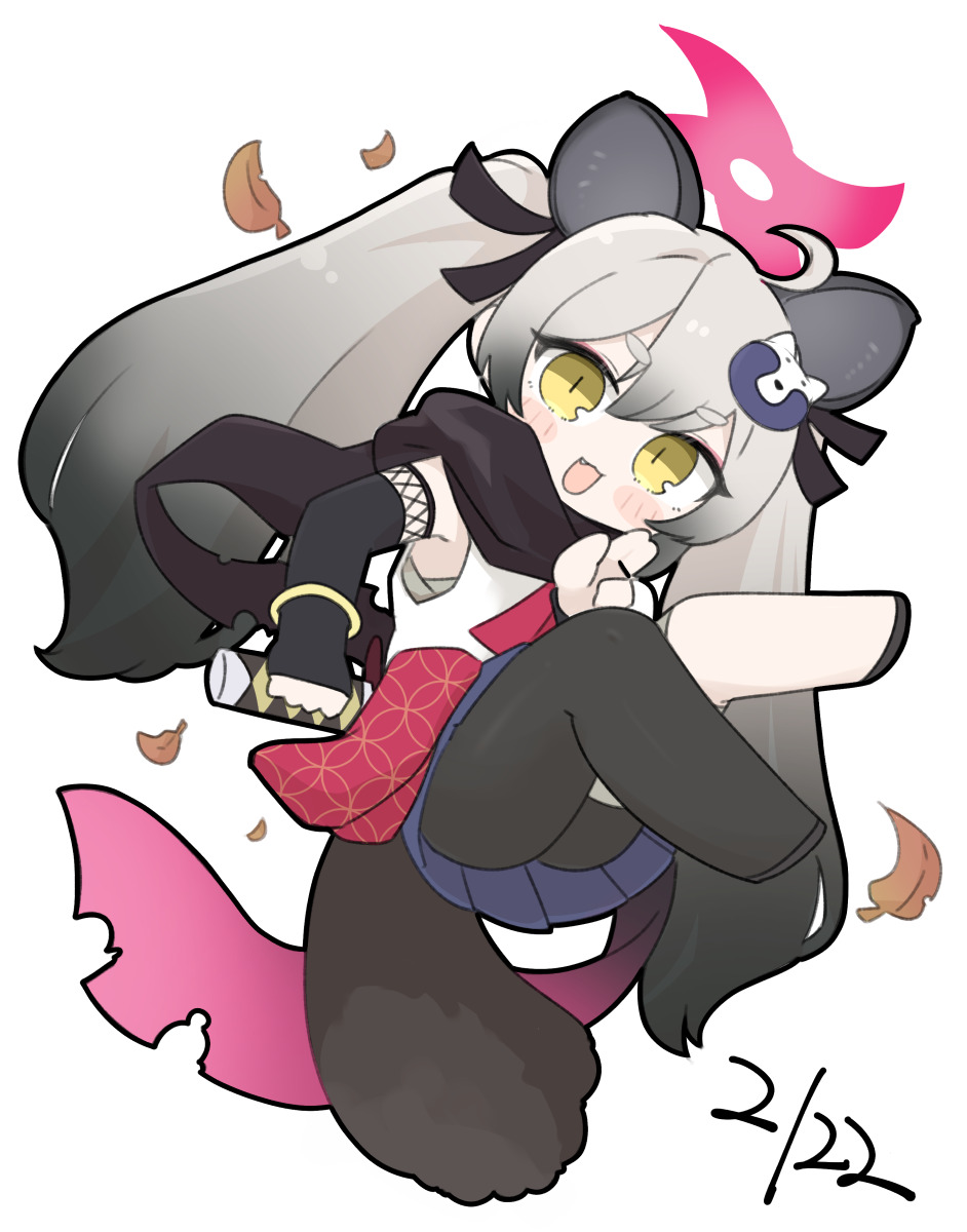 miranofuudoria, michiru (blue archive), blue archive, commentary request, highres, 1girl, :d, ahoge, animal ears, ass, autumn leaves, black gloves, black hair, black pantyhose, black scarf, black shoes, blue skirt, chibi, dated, fingerless gloves, full body, gloves, gradient hair, grey hair, hair between eyes, halo, katana, kuji-in, leaf, long hair, looking at viewer, multicolored hair, open mouth, pantyhose, pleated skirt, raccoon ears, raccoon girl, raccoon tail, sarashi, scarf, shirt, shoes, short eyebrows, simple background, single glove, single leg pantyhose, skirt, sleeveless, sleeveless shirt, smile, solo, sword, tail, thick eyebrows, very long hair, weapon, white background, white shirt, yellow eyes
