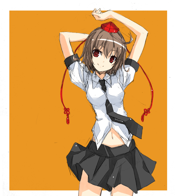 nabeshima tetsuhiro, shameimaru aya, touhou, 1girl, arms up, brown hair, female focus, hat, looking at viewer, navel, necktie, red eyes, short hair, sketch, skirt, smile, solo, tassel, tokin hat