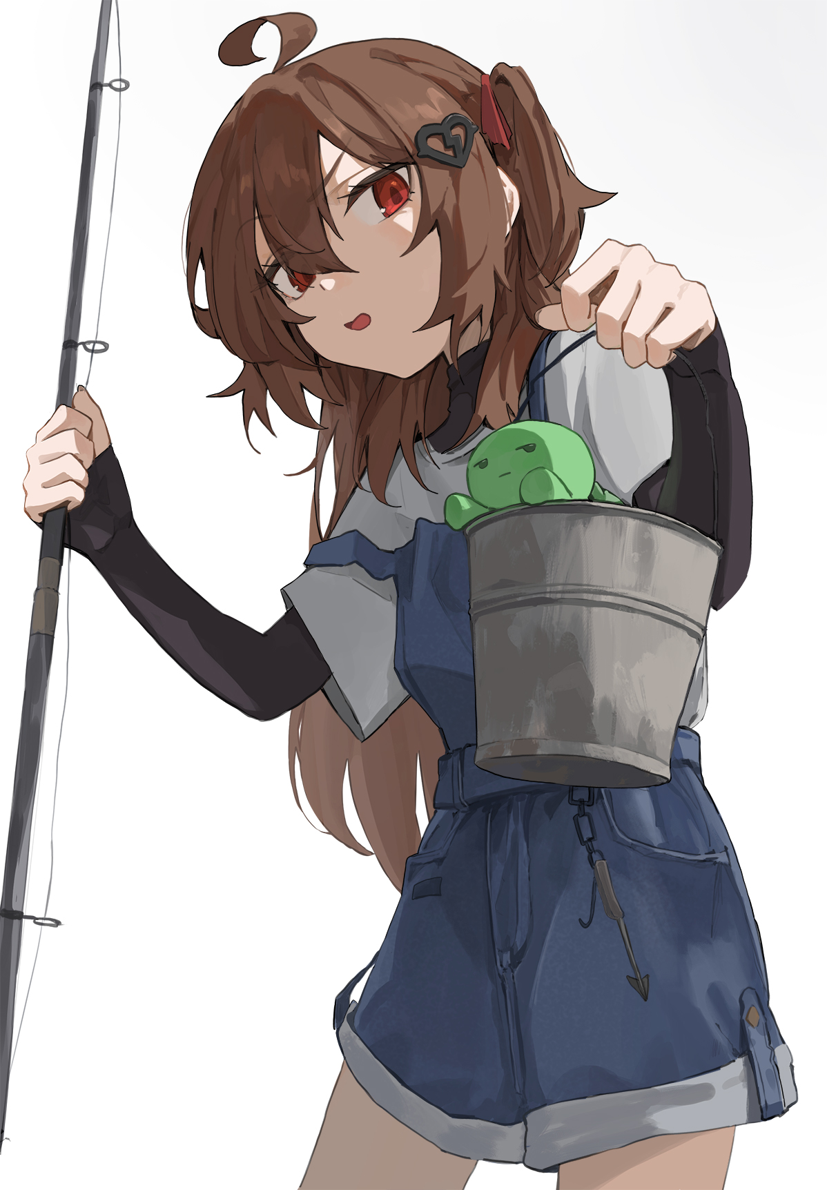 mbkona, evil neuro-sama, neuro-sama, vedal987, commentary, english commentary, highres, 1girl, ahoge, black shirt, blue overalls, blue shorts, broken heart, broken heart hair ornament, brown hair, bucket, cowboy shot, fishing rod, from below, from side, hair between eyes, hair ribbon, heart, holding, holding bucket, holding fishing rod, long hair, long sleeves, open mouth, overalls, red eyes, red ribbon, ribbon, shirt, shorts, simple background, solo, turtle, two side up, vedal ai, virtual youtuber, white background, white shirt