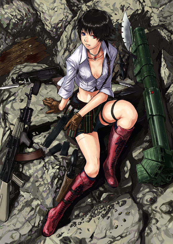 lithiumia, lady (devil may cry), arsenal ad, capcom, devil may cry, devil may cry (series), devil may cry 3, izhmash, kalashnikov concern, stc delta, tskib soo, zastava arms, machine pistol, 00s, 1girl, ak-47, ak-74, ak-74m, assault rifle, bazooka, black hair, boots, caseless firearm, female focus, gloves, gp-25, grenade launcher, gun, handgun, heterochromia, jewelry, kalashnikov rifle, knife, left-handed, looking up, m20 super bazooka, magazine (weapon), man-portable anti-tank systems, midriff, navel, necklace, pistol, red boots, revolver, rifle, rock, rocket launcher, scorpion, semi-automatic pistol, short hair, sitting, skirt, skorpion vz. 61, solo, submachine gun, thigh strap, underbarrel grenade launcher, weapon
