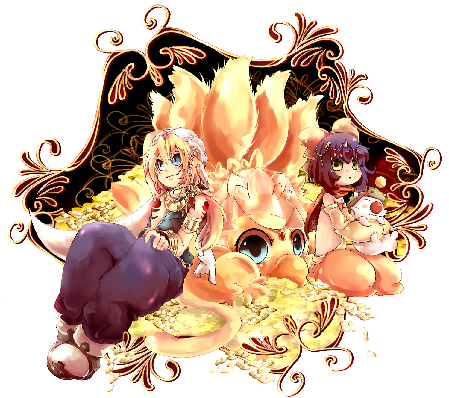 inumimi-syndrome, chocobo, eiko carol, moogle, zidane tribal, final fantasy, final fantasy ix, highres, 00s, arabian clothes, baggy pants, blonde hair, blue eyes, child, gold, green eyes, harem pants, horns, pants, single horn, treasure, veil