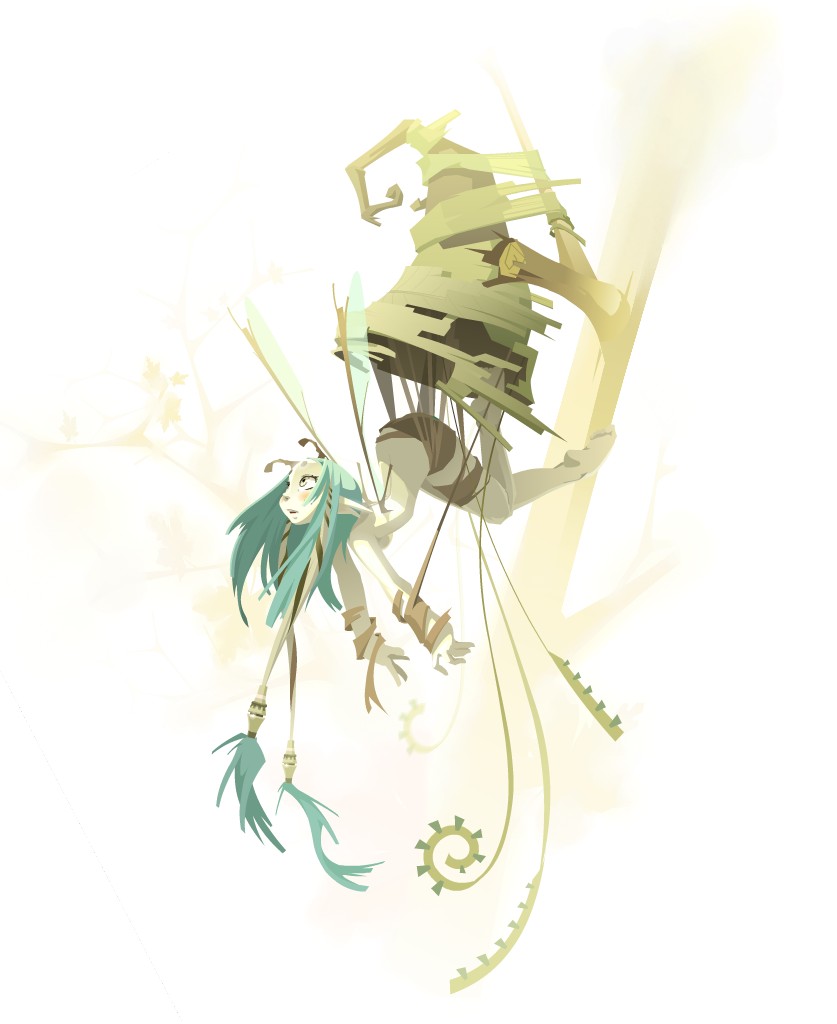 xaxaxa, dofus, original, wakfu, 1girl, antennae, aqua hair, fairy, female focus, fog, hanging, solo, tree, wings