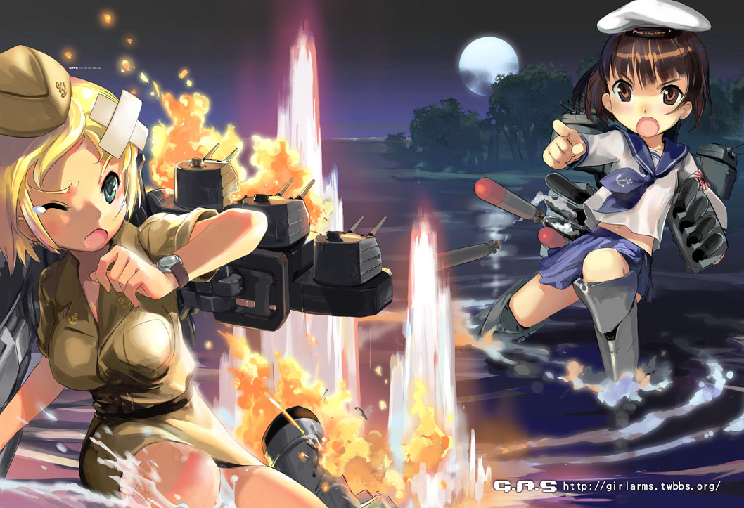 zeco, girl arms, navy, 2girls, bandages, bare shoulders, battle, blonde hair, breasts, brown eyes, brown hair, cruiser, destroyer, fire, flat chest, garrison cap, green eyes, hat, imperial japanese navy, large breasts, mecha musume, military, military uniform, military vehicle, moon, multiple girls, rising sun flag, sailor, school uniform, serafuku, ship, soldier, submarine, sunburst, tears, torpedo, warship, watercraft, world war ii