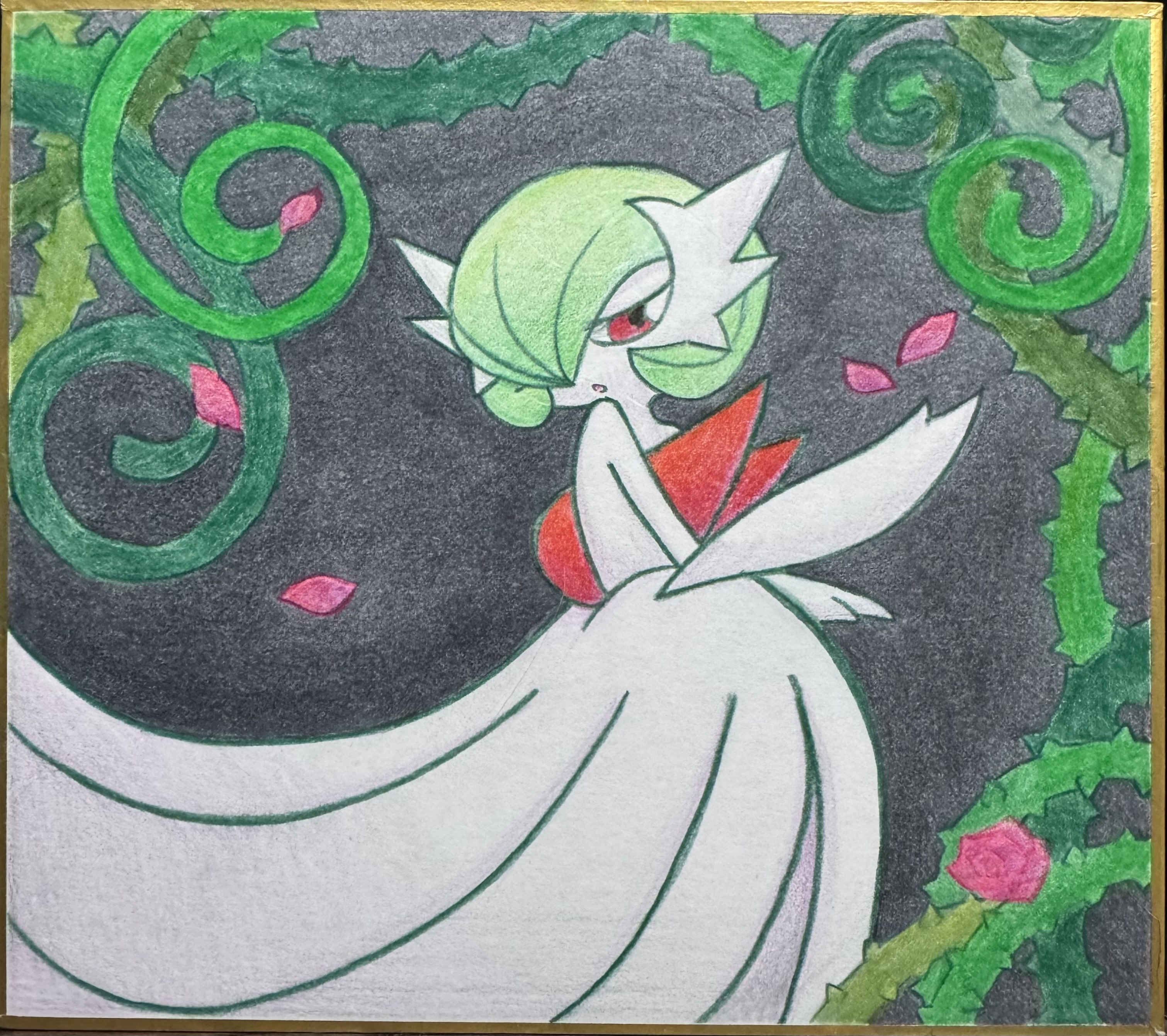 usakichirou, gardevoir, mega gardevoir, nintendo, pokemon, traditional media, 1girl, :o, black background, bob cut, colored skin, elbow gloves, female focus, flower, from side, gen 3 pokemon, gloves, green hair, hair over one eye, half-closed eyes, hand up, looking at viewer, mega pokemon, one eye covered, open mouth, petals, pink flower, pink rose, plant, pokemon (creature), red eyes, rose, short hair, solo, standing, thorns, vines, white gloves, white skin