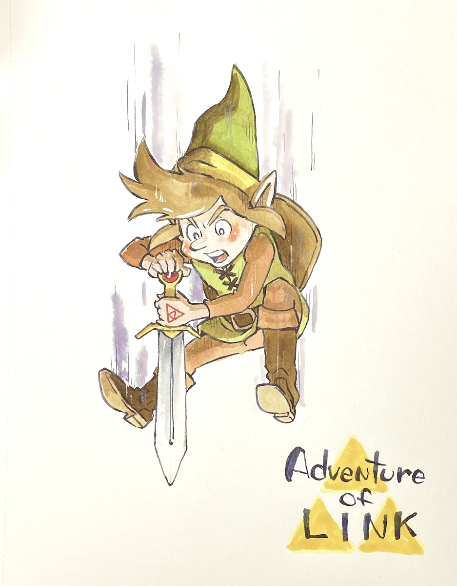 akahanadragon, link, nintendo, the legend of zelda, zelda ii: the adventure of link, 1boy, belt, blush stickers, boots, brown hair, english text, falling, full body, hat, holding, holding sword, holding weapon, jumping, looking down, open mouth, pointy ears, solo, sword, triforce, tunic, weapon