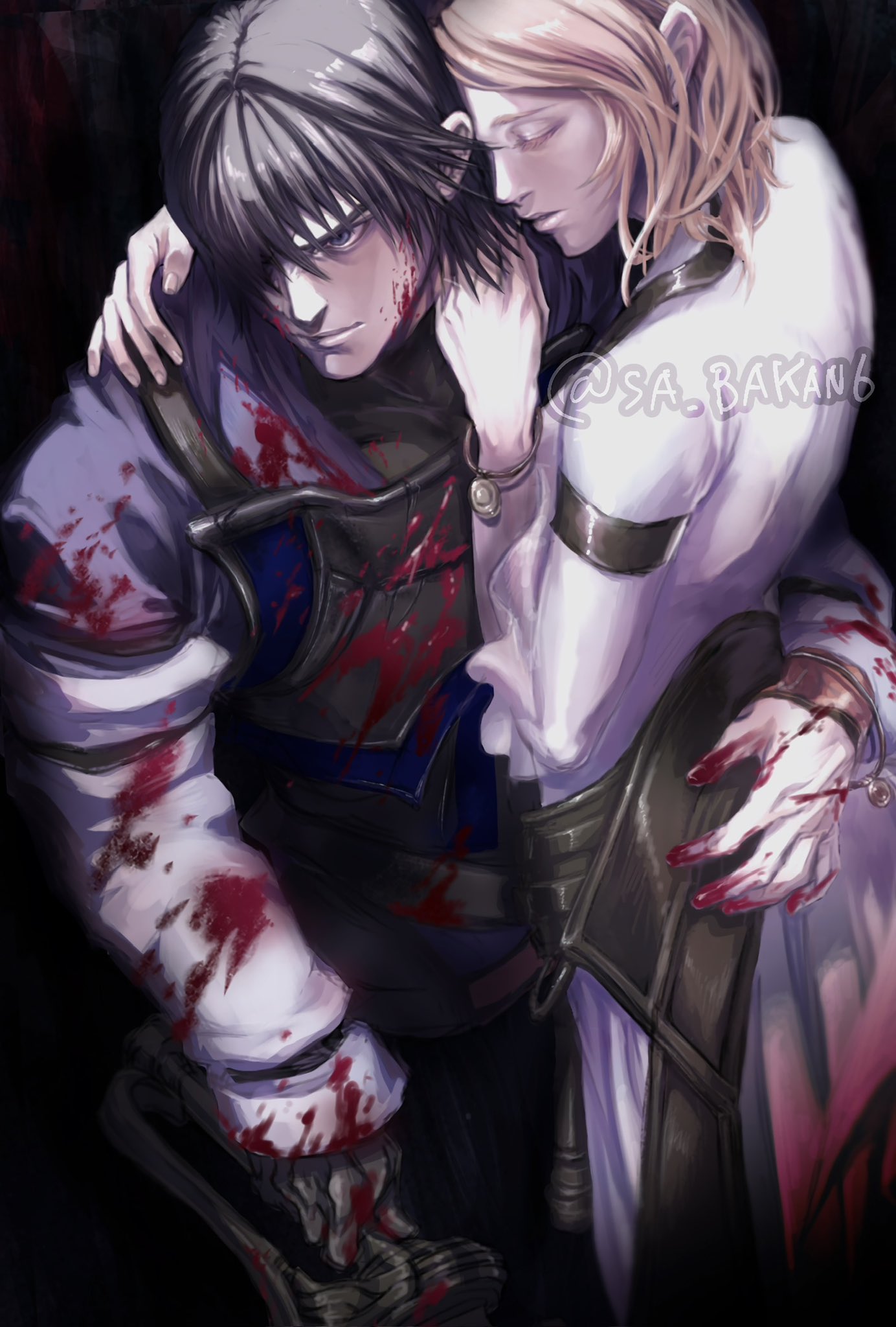 sa bakan6, caim (drag-on dragoon), furiae, drag-on dragoon, drag-on dragoon 1, highres, 1boy, 1girl, armor, black hair, blonde hair, blood, blood on face, brother and sister, closed eyes, closed mouth, dress, gloves, hair over one eye, holding, holding sword, holding weapon, hug, short hair, siblings, sword, weapon, white gloves