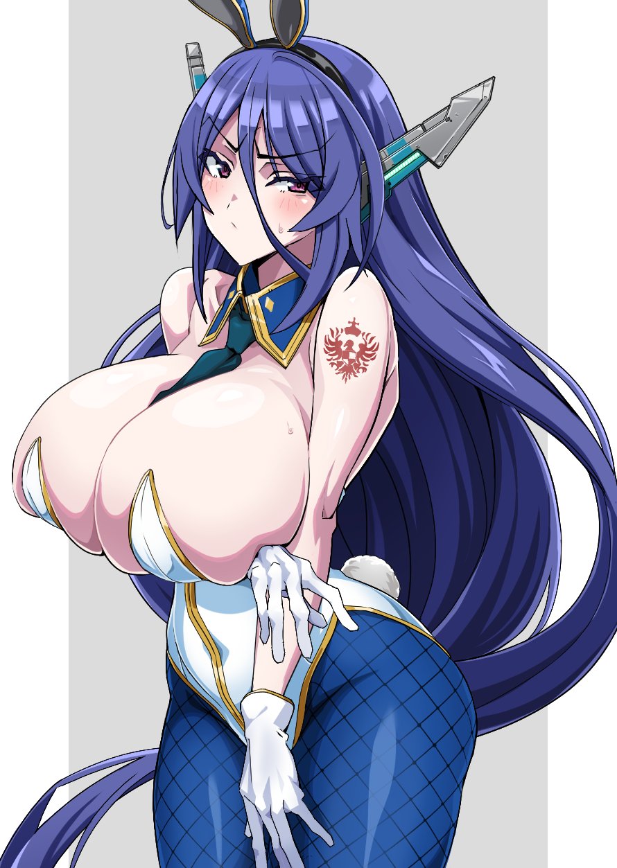 shitagani, artoria pendragon (fate), artoria pendragon (swimsuit ruler) (fate), artoria pendragon (swimsuit ruler) (first ascension) (fate), nebel, cosmic break, fate/grand order, fate (series), commentary request, highres, 1girl, animal ears, arm tattoo, artoria pendragon (swimsuit ruler) (fate) (cosplay), bare shoulders, blue hair, blue necktie, blue pantyhose, blush, braid, breasts, cosplay, detached collar, embarrassed, fake animal ears, fishnet pantyhose, fishnets, gloves, hair between eyes, headgear, huge breasts, leotard, long hair, looking at viewer, necktie, pantyhose, playboy bunny, ponytail, ponytail with braided base, purple eyes, rabbit ears, rabbit tail, strapless, strapless leotard, sweatdrop, tail, tattoo, very long hair, white gloves, white leotard