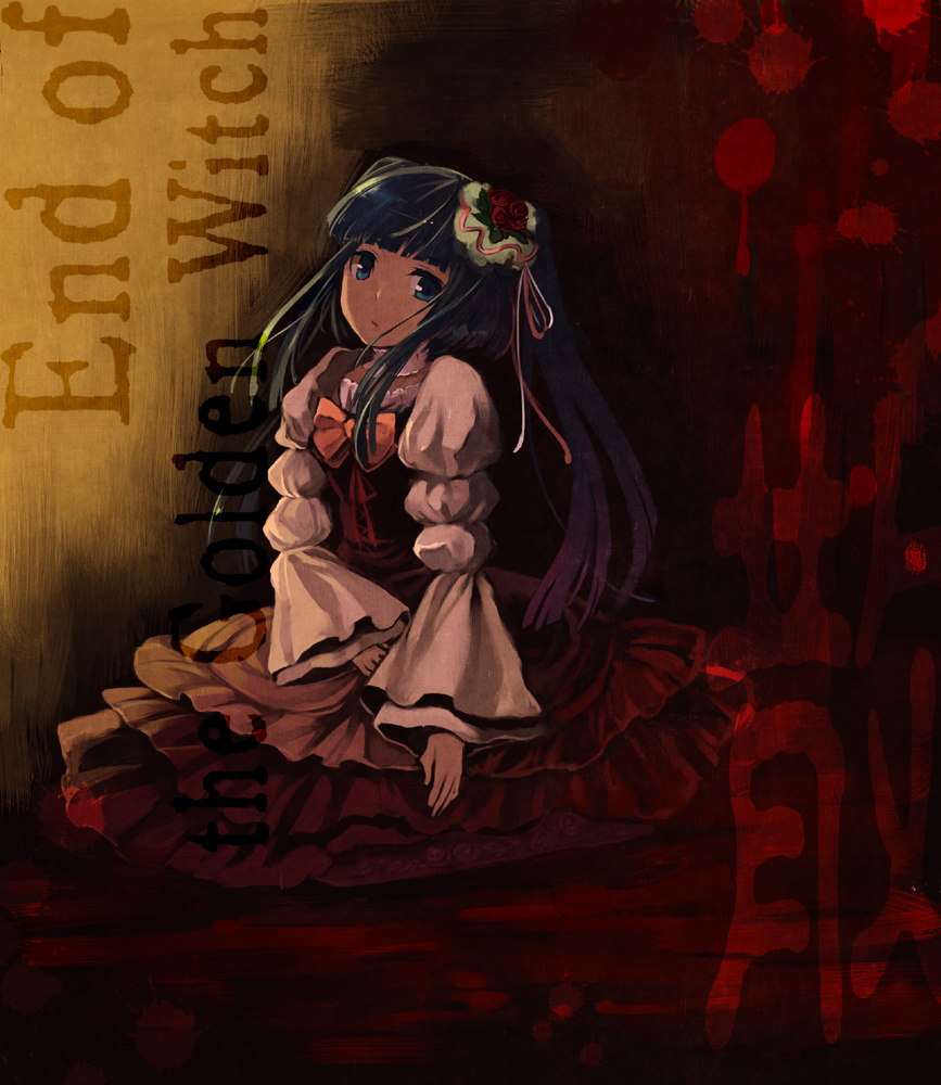 hanokage, furudo erika, end of the golden witch, umineko no naku koro ni, 00s, 1girl, blue eyes, blue hair, bow, dress, female focus, flower, hair ornament, matching hair/eyes, pantyhose, pink bow, sitting, solo, twintails