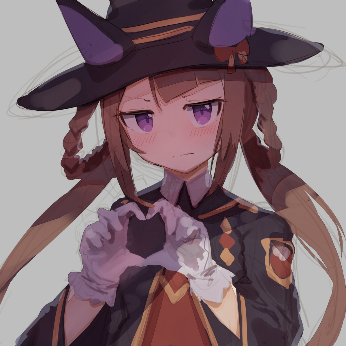 shone, sweep tosho (platanus witch) (umamusume), sweep tosho (umamusume), umamusume, highres, 1girl, black coat, black hat, blush, bow, braid, braided hair rings, brown hair, closed mouth, coat, four-finger heart hands, gloves, grey background, hair rings, hat, hat bow, heart, heart hands, long hair, long sleeves, looking at viewer, purple eyes, red bow, solo, sweater vest, upper body, white gloves, witch hat