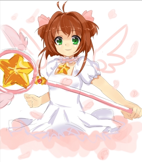 rosier, kinomoto sakura, kinomoto sakura (astral sakura), cardcaptor sakura, 1990s (style), 1girl, brown hair, child, dress, female focus, green eyes, hair ribbon, hoshi no tsue, magical girl, retro artstyle, ribbon, short hair, smile, solo, star (symbol), wings