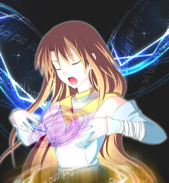 any (trueblue), original, 1girl, brown hair, closed eyes, detached sleeves, female focus, long hair, magic circle, solo