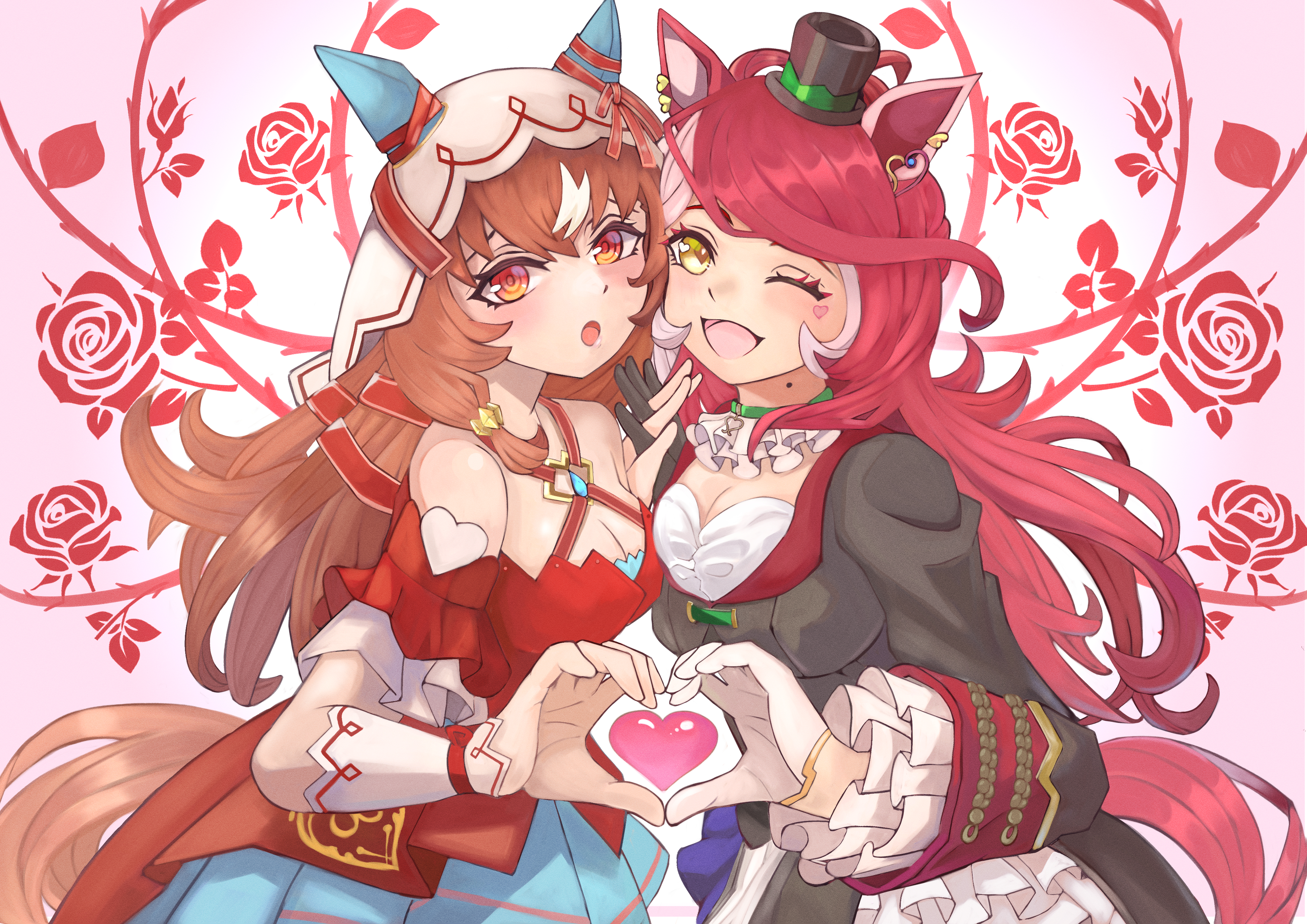 iko (saikoro k0702), loves only you (9927 wishes) (umamusume), loves only you (umamusume), still in love (scarlet vow raiment) (umamusume), still in love (umamusume), umamusume, absurdres, commentary request, highres, animal ears, blush, breasts, brown hair, cleavage, collarbone, detached sleeves, hair between eyes, hair ornament, hat, heart, heart hands, heart hands duo, horse ears, horse girl, horse tail, long hair, looking at viewer, mole, mole on neck, one eye closed, open mouth, red eyes, red hair, simple background, tail, veil, yellow eyes