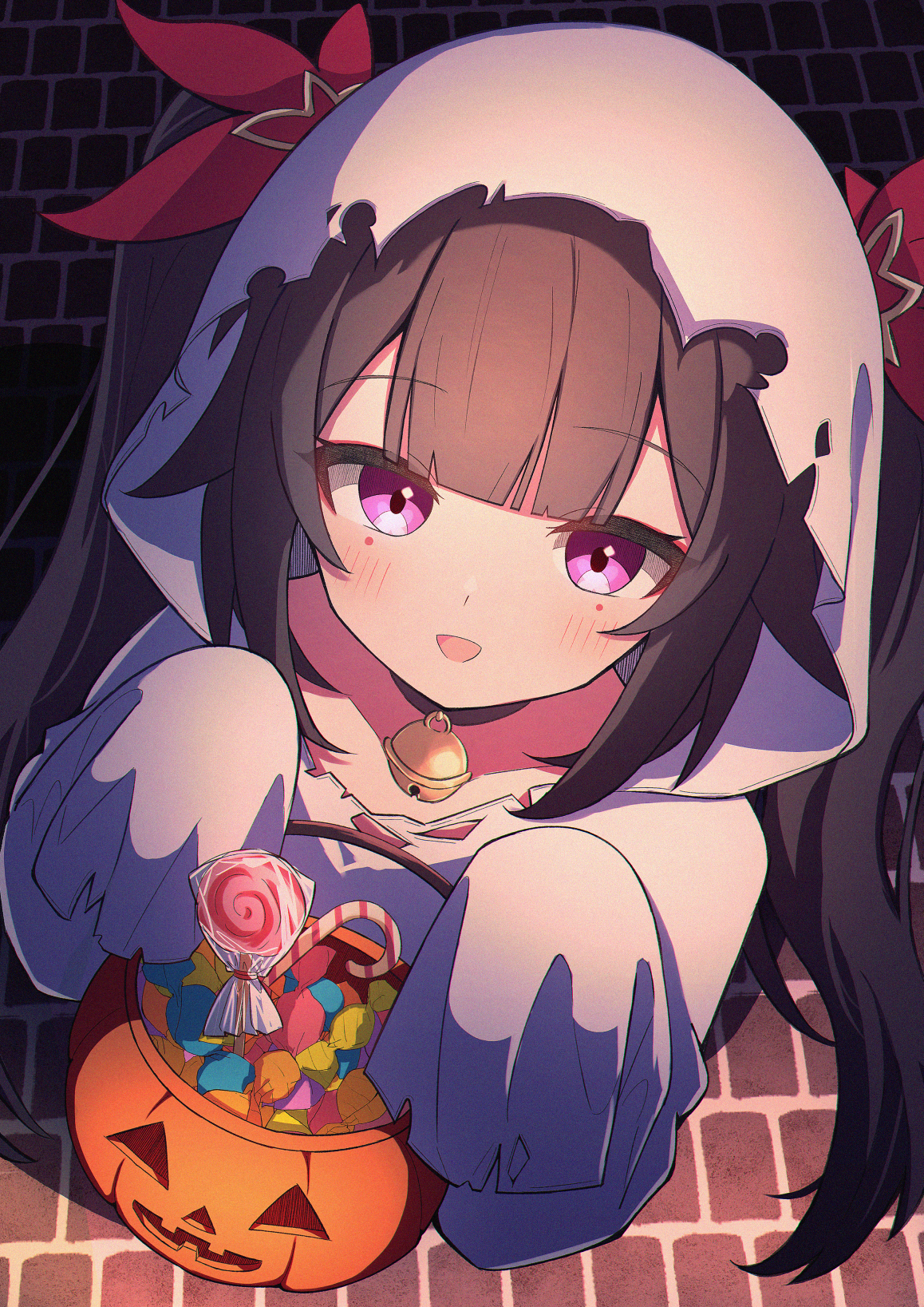 sasanekomaru, sparkle (honkai: star rail), honkai: star rail, honkai (series), commentary, highres, 1girl, :d, bell, blunt bangs, blush, brick floor, brown hair, candy, candy cane, food, halloween, halloween bucket, halloween costume, hands up, holding, hood, hood up, lollipop, long hair, long sleeves, looking at viewer, neck bell, open mouth, purple eyes, sleeves past fingers, sleeves past wrists, smile, solo, swirl lollipop, twintails, wrapped candy
