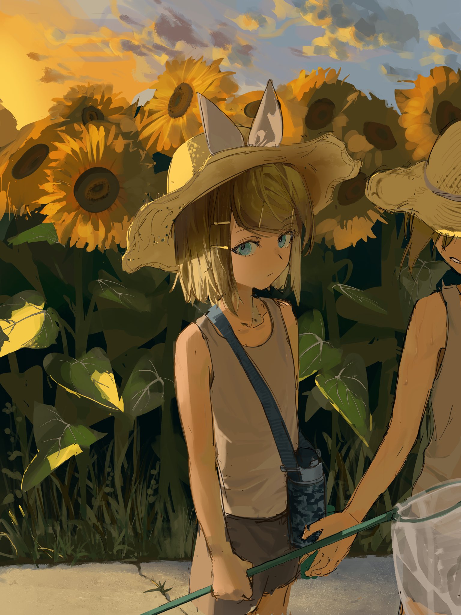 kagamine len, kagamine rin, vocaloid, hashtag-only commentary, highres, 1boy, 1girl, alternate costume, blonde hair, blue eyes, bottle, butterfly net, cloud, cloudy sky, cowboy shot, expressionless, flower, grey shorts, hair ornament, hairclip, hand net, hat, hat ribbon, head tilt, holding, holding butterfly net, looking at viewer, offering hand, out of frame, outdoors, phyordi 9y9, ribbon, short hair, shorts, sketch, sky, solo focus, straight hair, straw hat, sun hat, sunflower, sunset, tank top, water bottle, white ribbon, white tank top
