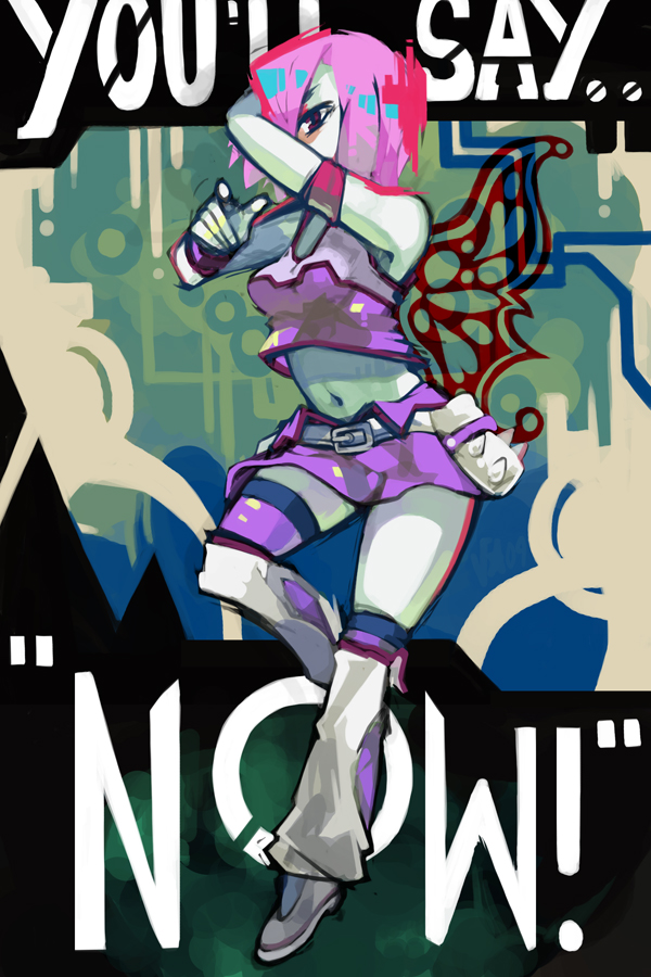 nyah, woofycakes, beatmania iidx, beatmania iidx 16 empress, bemani, 1girl, abstract, english text, female focus, full body, hair over one eye, leg warmers, midriff, miniskirt, pink hair, red eyes, skirt, solo, tank top, text focus
