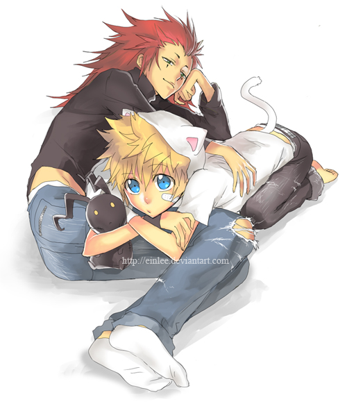 ein lee, axel, heartless, roxas, shadow (kingdom hearts), kingdom hearts, 2boys, animal ears, barefoot, blonde hair, cat boy, cat ears, cat tail, denim, feet, green eyes, jeans, long hair, lying, male focus, multiple boys, pants, red hair, short hair, socks, stuffed animal, stuffed rabbit, stuffed toy, tail