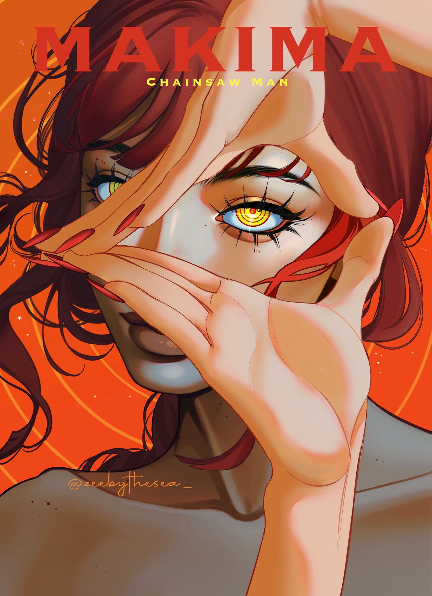 zeebythesea, makima (chainsaw man), chainsaw man, hashtag-only commentary, highres, 1girl, eyelashes, lips, own hands together, portrait, red background, red hair, red nails, ringed eyes, solo