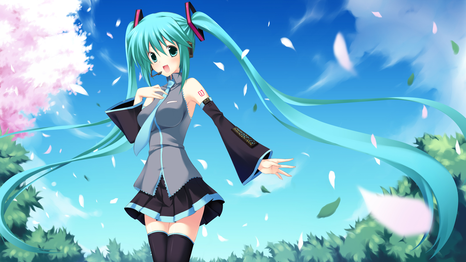 any (trueblue), hatsune miku, vocaloid, bad id, bad pixiv id, highres, 1girl, detached sleeves, female focus, green eyes, green hair, headset, long hair, matching hair/eyes, necktie, petals, skirt, solo, thighhighs, twintails, very long hair, wind, zettai ryouiki