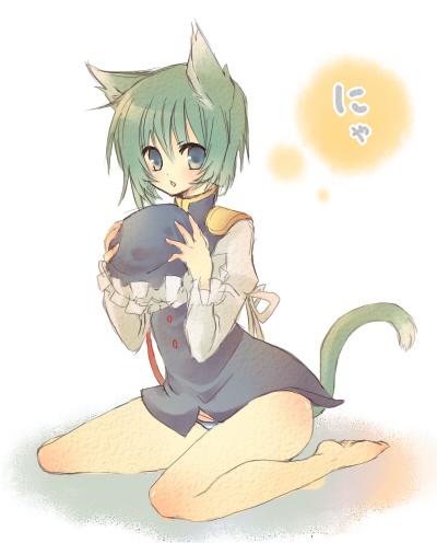 kimigairukara, shiki eiki, touhou, lowres, 1girl, animal ears, barefoot, blue eyes, cat ears, cat girl, female focus, full body, gradient background, green hair, hat, kemonomimi mode, panties, short hair, solo, underwear, white background