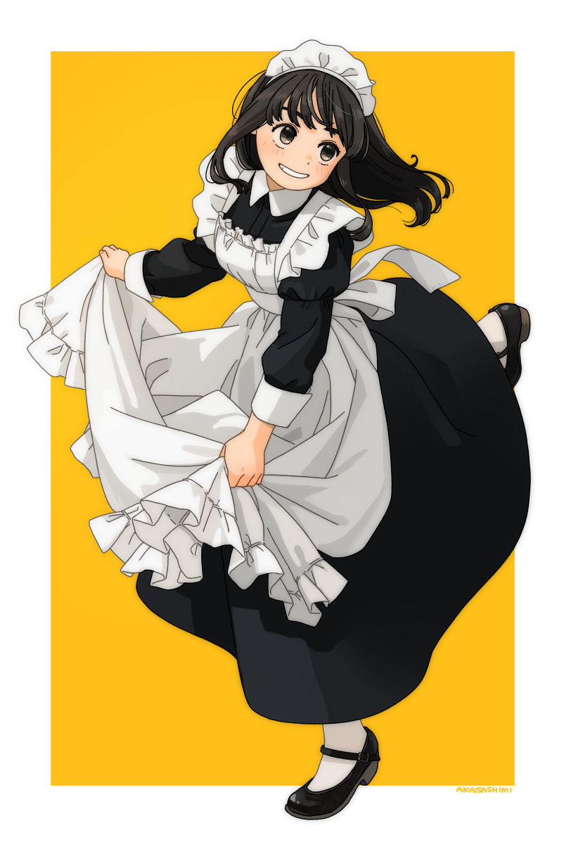 akai sashimi, original, commentary request, highres, 1girl, apron, black dress, black hair, black shoes, blush, border, brown eyes, dress, frilled apron, frills, full body, grin, long hair, long sleeves, maid, maid headdress, mary janes, outside border, shoes, simple background, smile, solo, standing, standing on one leg, white apron, white border, yellow background