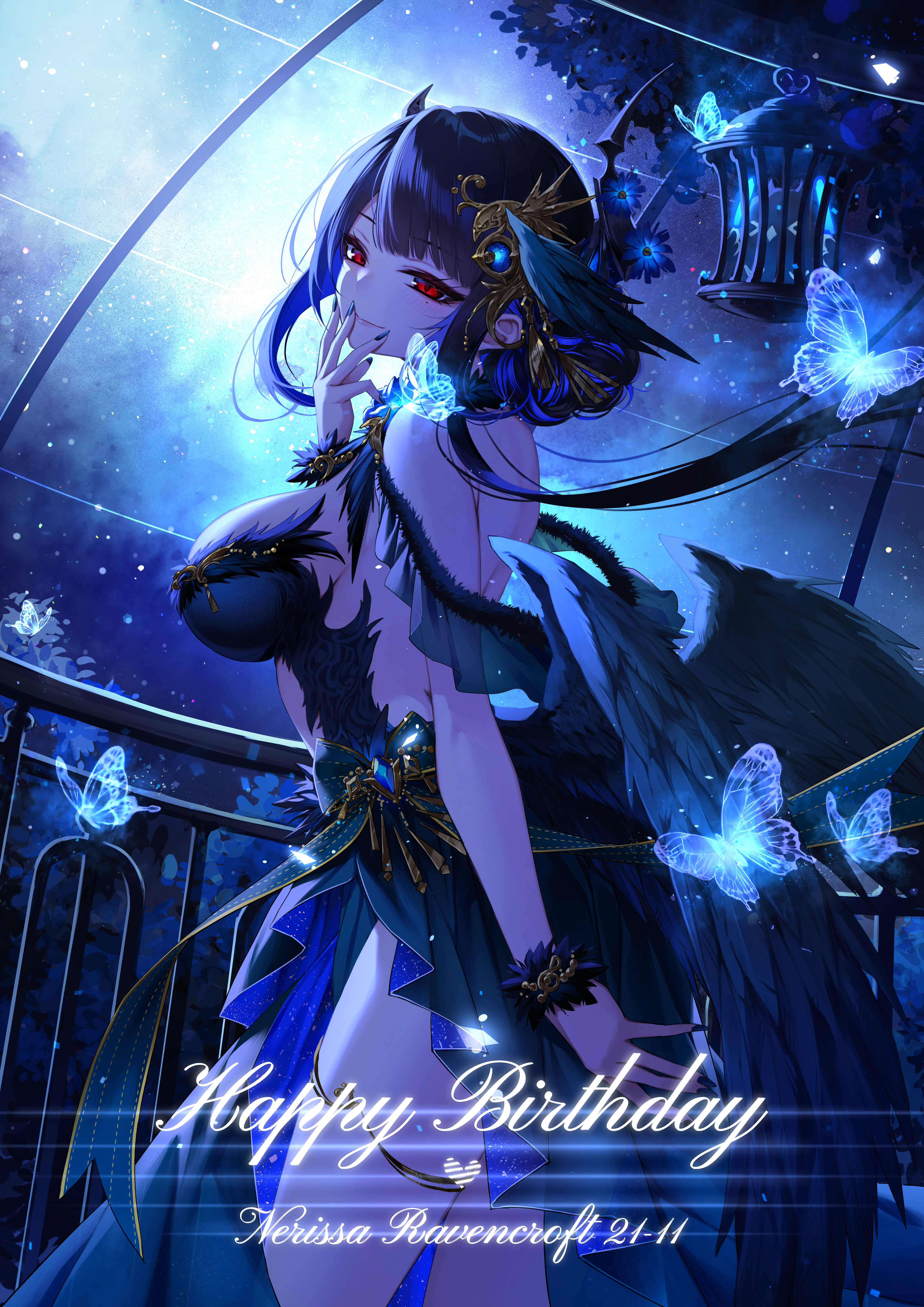 curry bowl, nerissa ravencroft, hololive, hololive english, absurdres, commentary, english commentary, highres, 1girl, alternate costume, asymmetrical horns, backless dress, backless outfit, bare shoulders, black dress, black hair, black wings, blue hair, breasts, bug, butterfly, closed mouth, colored inner hair, dress, feathered wings, flower, glowing butterfly, hand up, happy birthday, horn flower, horns, insect, jewelry, large breasts, long hair, looking at viewer, low wings, mole, mole under eye, multicolored hair, night, night sky, red eyes, sidelocks, sky, slit pupils, smile, solo, thighlet, uneven horns, very long hair, virtual youtuber, wings