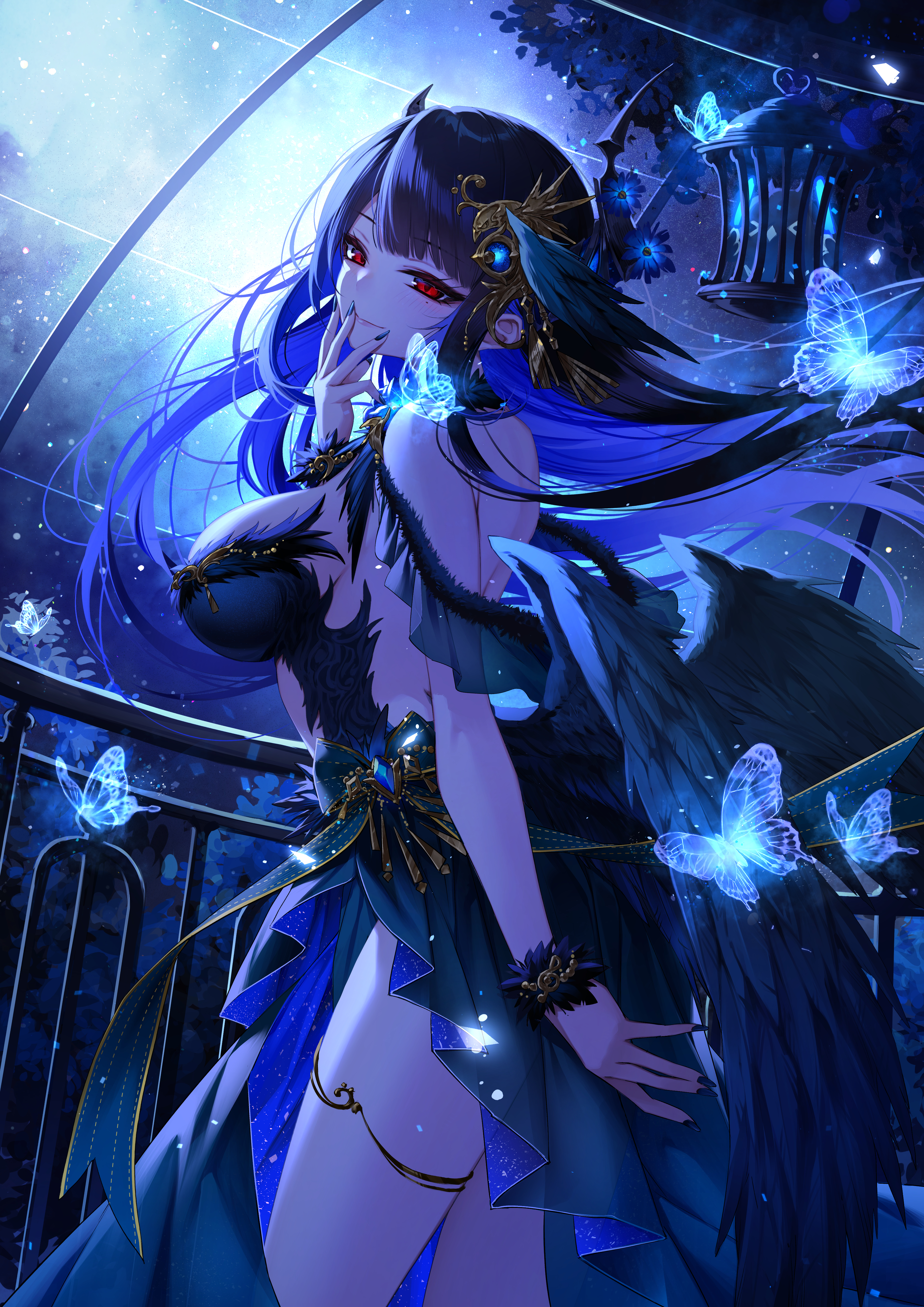 curry bowl, nerissa ravencroft, hololive, hololive english, absurdres, commentary, english commentary, highres, 1girl, alternate costume, asymmetrical horns, backless dress, backless outfit, bare shoulders, black dress, black hair, black wings, blue hair, breasts, bug, butterfly, closed mouth, colored inner hair, dress, feathered wings, floating hair, flower, glowing butterfly, hand up, horn flower, horns, insect, jewelry, large breasts, long hair, looking at viewer, low wings, mole, mole under eye, multicolored hair, night, night sky, red eyes, sidelocks, sky, slit pupils, smile, solo, thighlet, uneven horns, very long hair, virtual youtuber, wings
