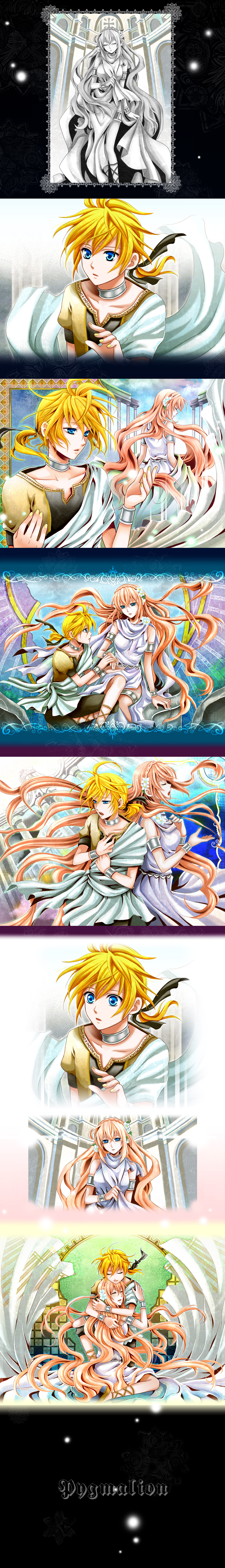 wool (kurokrkr), kagamine len, megurine luka, vocaloid, absurdres, highres, long image, tall image, ancient greek clothes, apoptygma, blonde hair, blue eyes, flower, greco-roman clothes, hair ribbon, himation, hug, long hair, peplos, pink hair, ribbon, short hair, statue, tears, toga, very long hair