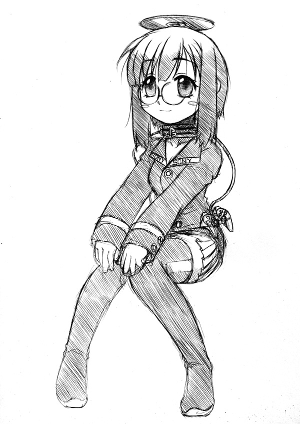 kaji sakaki, bad id, bad pixiv id, graphite (medium), traditional media, 1girl, cd, controller, female focus, game console, game controller, glasses, greyscale, jacket, monochrome, personification, playstation 2, product girl, sketch, solo, thighhighs, zettai ryouiki