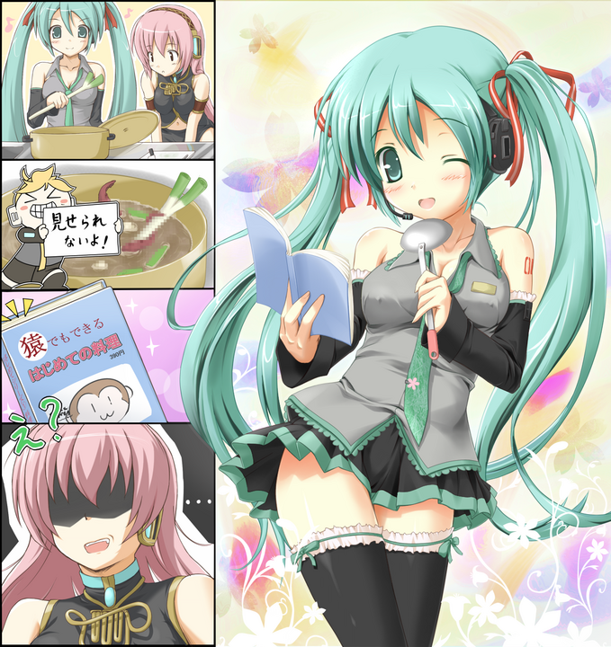 utamaru (konomix), hatsune miku, kagamine len, megurine luka, takoluka, vocaloid, lace-trimmed legwear, pot, bad id, bad pixiv id, translated, > <, …, 2girls, 4koma, :d, ;d, ?, ^ ^, aqua eyes, aqua hair, bad food, blonde hair, book, breasts, can't show this (meme), censored, censored food, character censor, chibi, closed eyes, comic, cooking, detached sleeves, fake censor, hair ribbon, headphones, headset, lace, lace trim, ladle, long hair, medium breasts, multiple girls, navel, necktie, novelty censor, one eye closed, open mouth, pink hair, ribbon, shaded face, skirt, smile, spring onion, tentacles, thighhighs, turn pale, twintails, wink, xd, zettai ryouiki