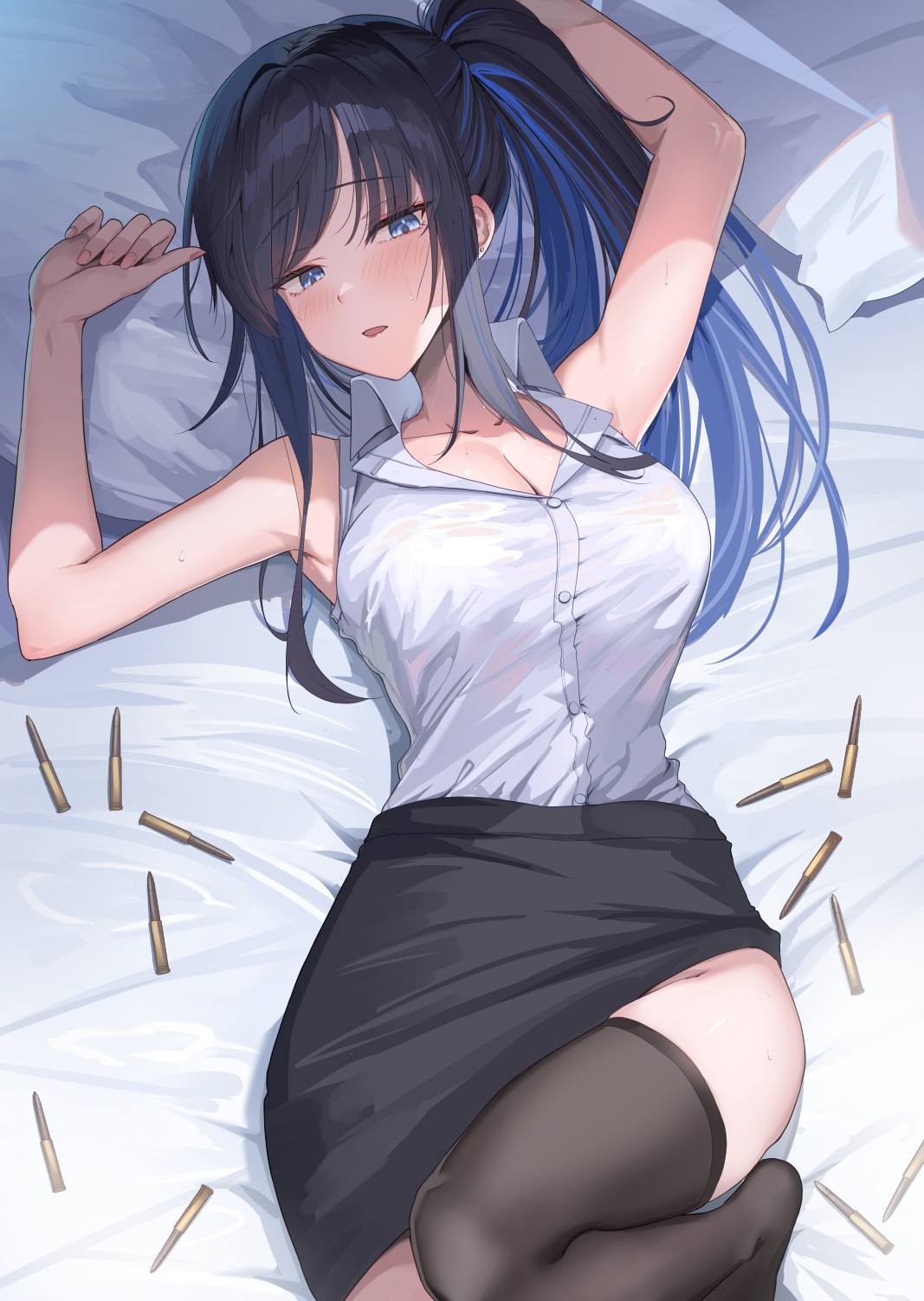 shougun (chuckni1), saori (blue archive), blue archive, commentary request, highres, 1girl, :o, alternate costume, alternate hairstyle, black hair, black skirt, black thighhighs, blue eyes, blue hair, blush, breasts, bullet, cleavage, collarbone, collared shirt, colored inner hair, large breasts, looking at viewer, lying, multicolored hair, on bed, pencil skirt, ponytail, shirt, shirt tucked in, skirt, sleeveless, sleeveless shirt, solo, thighhighs, white shirt, zettai ryouiki